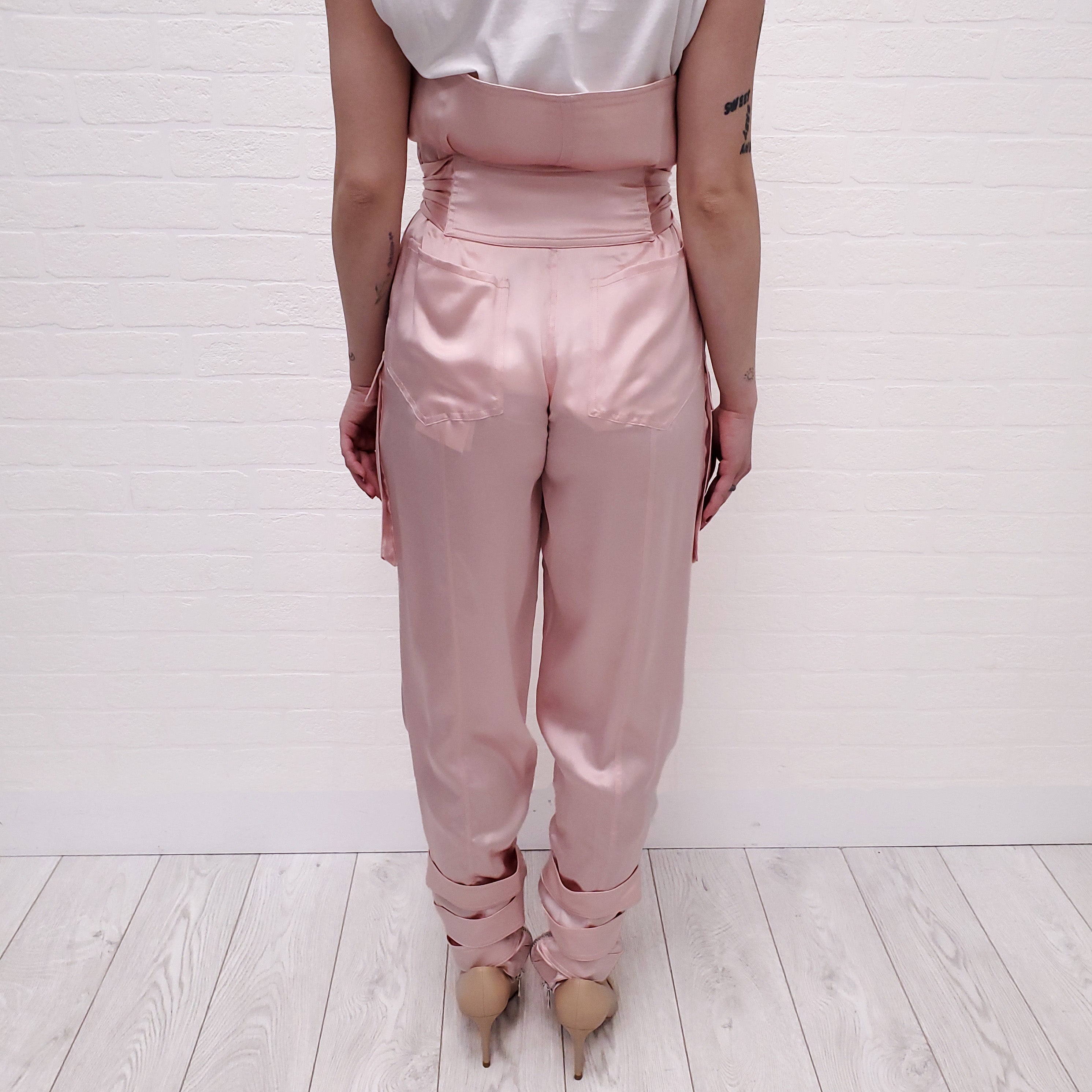 BALMAIN RUNWAY PINK SILK CARGO TROUSERS - SIZE 34