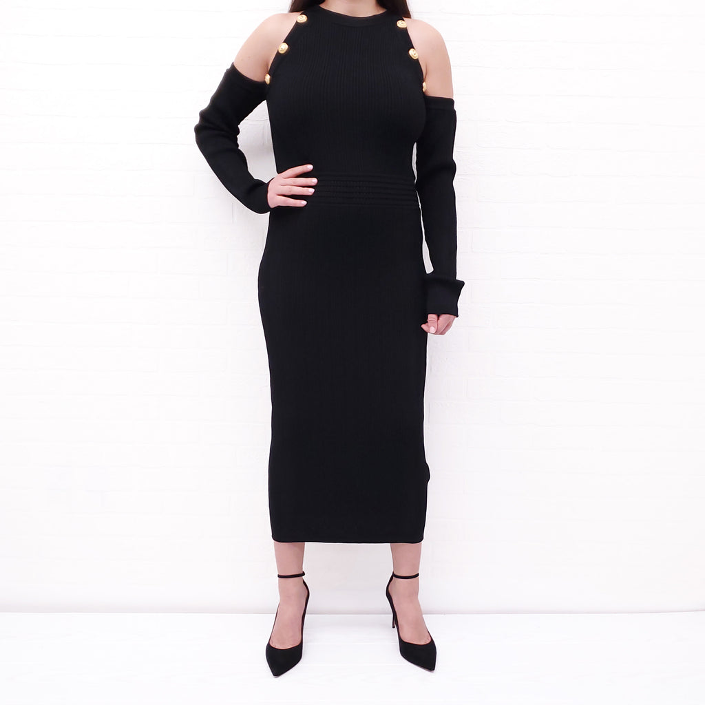 BALMAIN BLACK DRESS WITH GOLD BUTTONS - SIZE 50