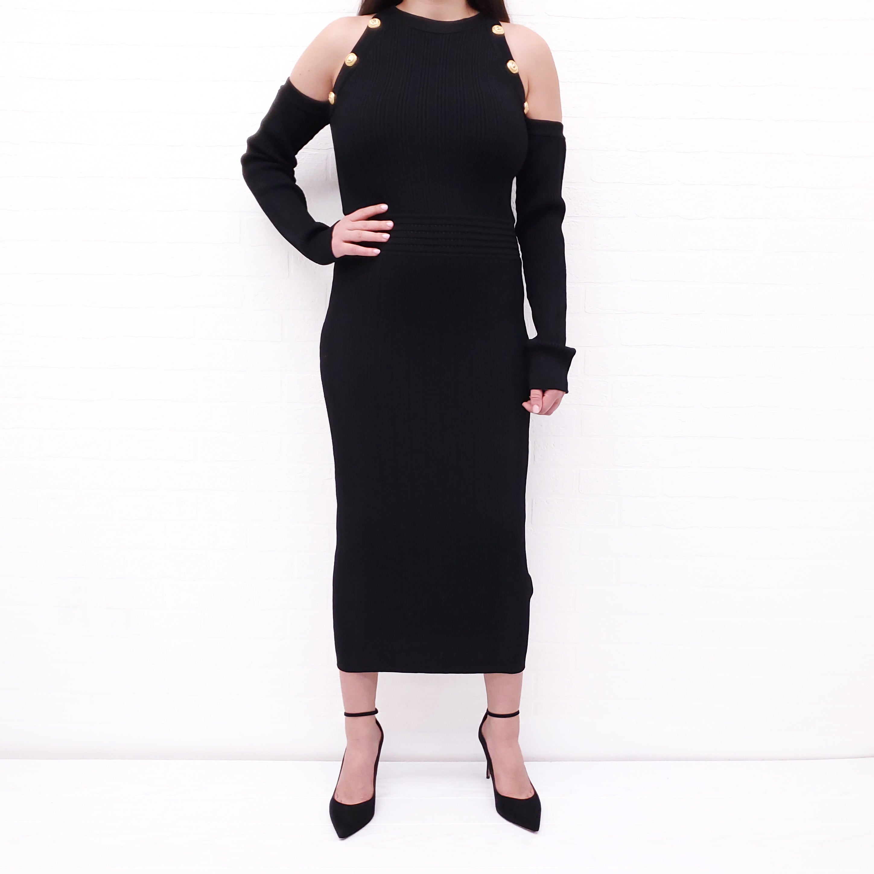 BALMAIN BLACK DRESS WITH GOLD BUTTONS - SIZE 50