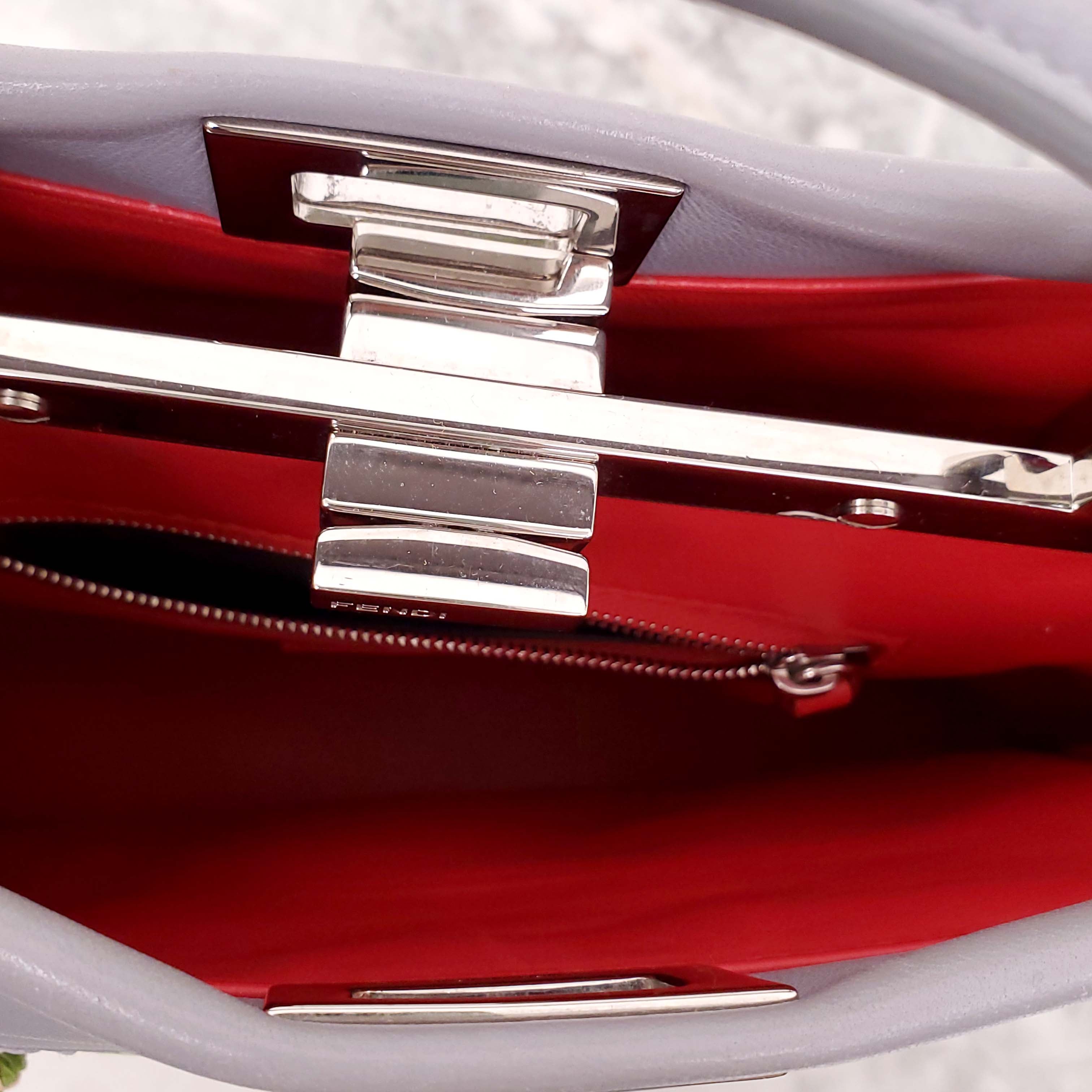 FENDI GREY LEATHER AND COLOURFUL RAFFIA FLORAL MINI PEEKABOO BAG