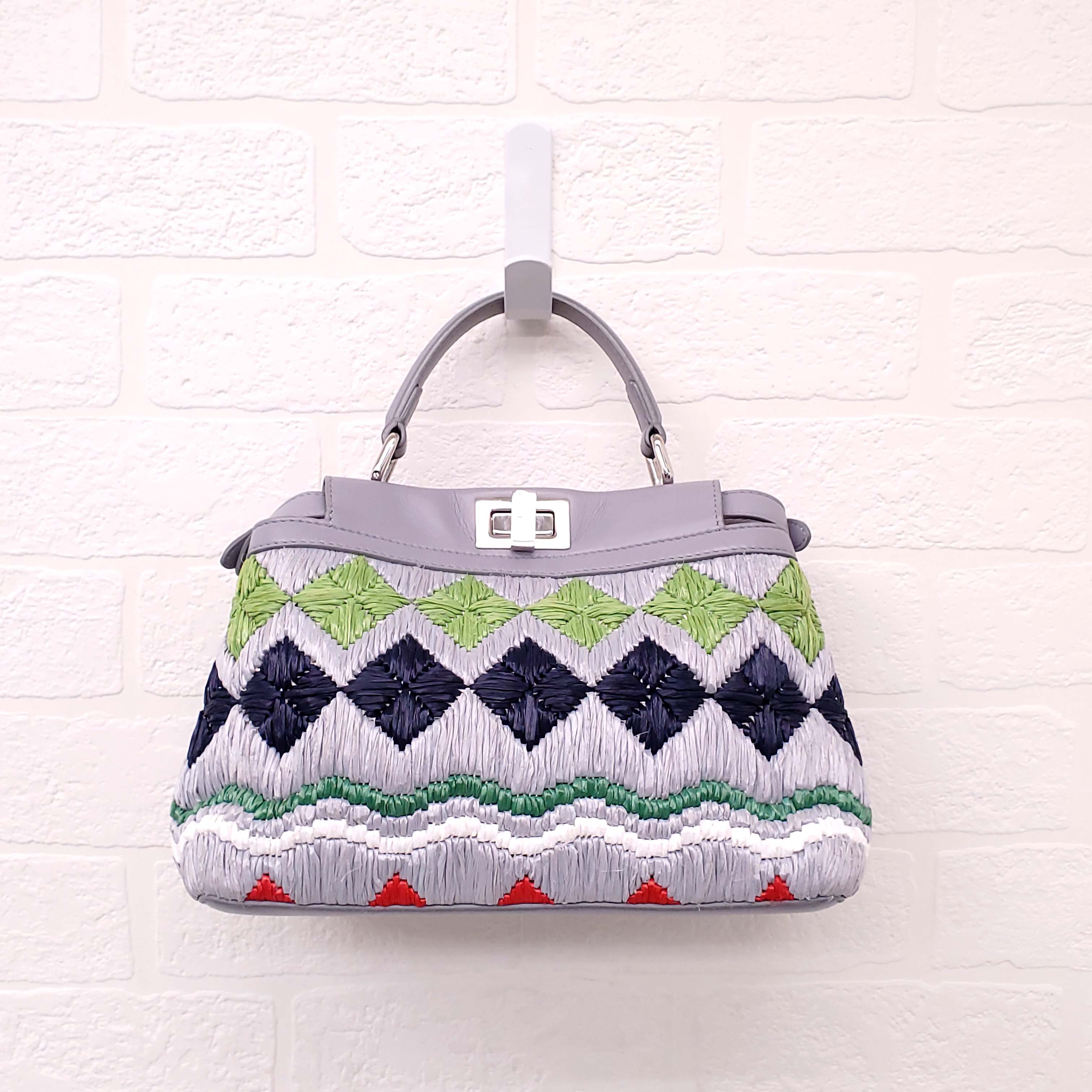 FENDI GREY LEATHER AND COLOURFUL RAFFIA FLORAL MINI PEEKABOO BAG