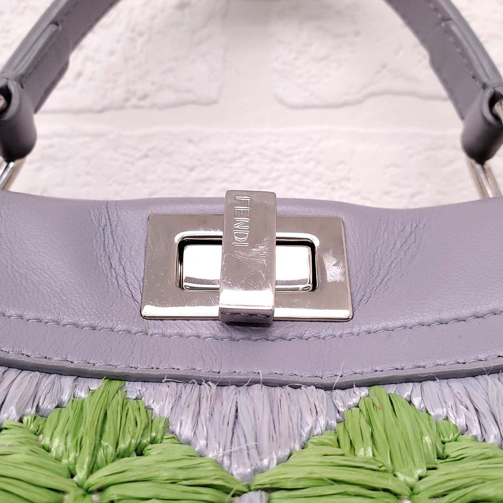 FENDI GREY LEATHER AND COLOURFUL RAFFIA FLORAL MINI PEEKABOO BAG