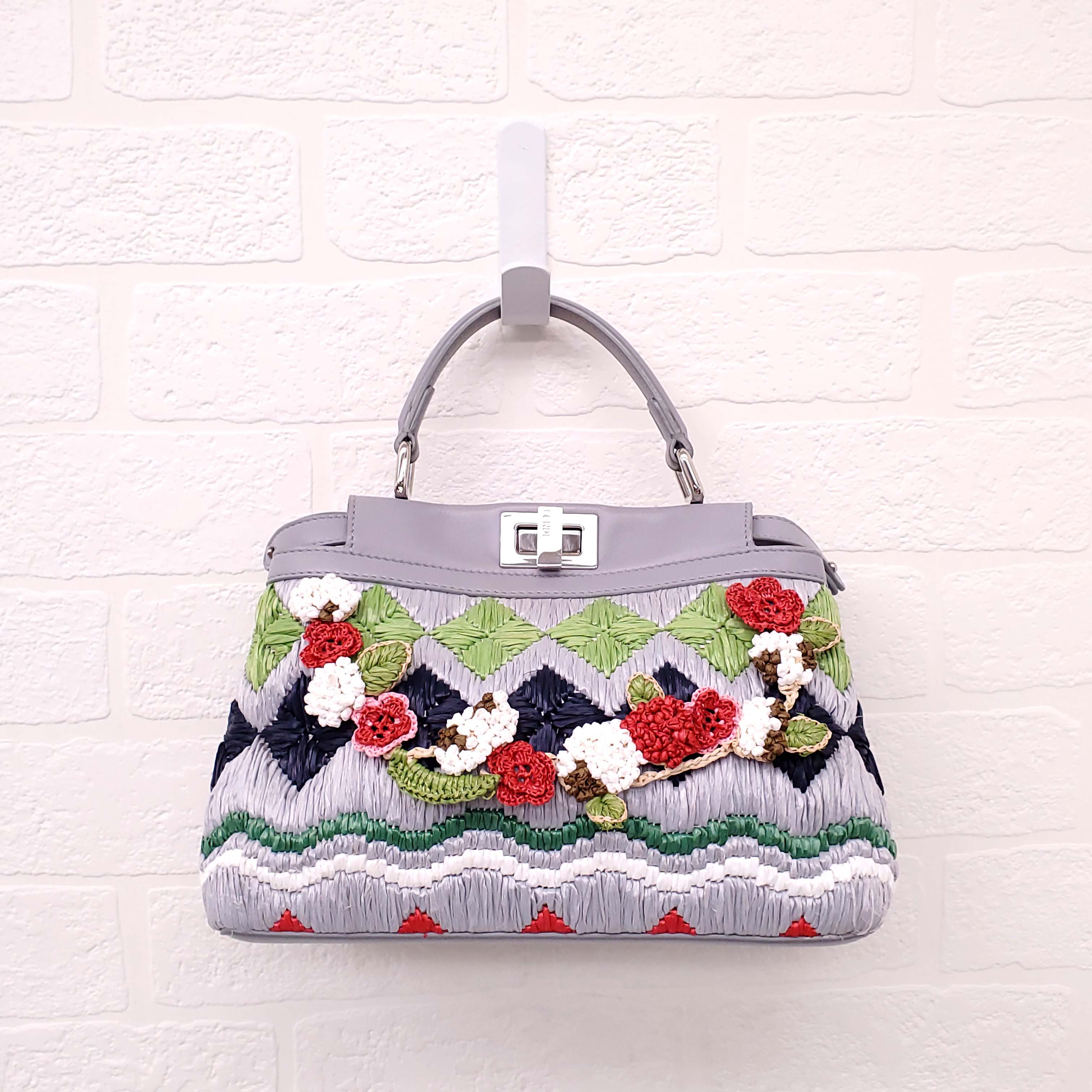 FENDI GREY LEATHER AND COLOURFUL RAFFIA FLORAL MINI PEEKABOO BAG