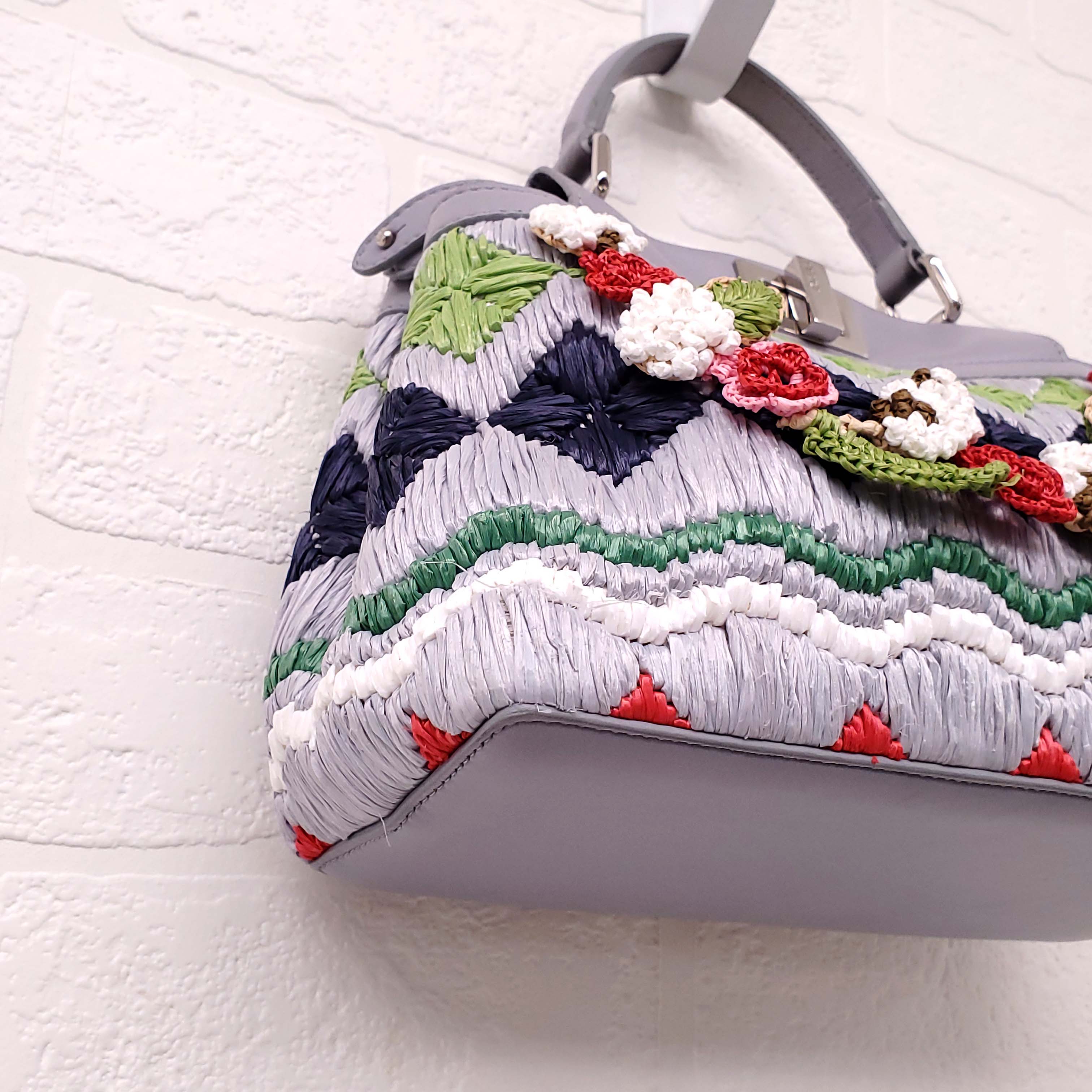 FENDI GREY LEATHER AND COLOURFUL RAFFIA FLORAL MINI PEEKABOO BAG