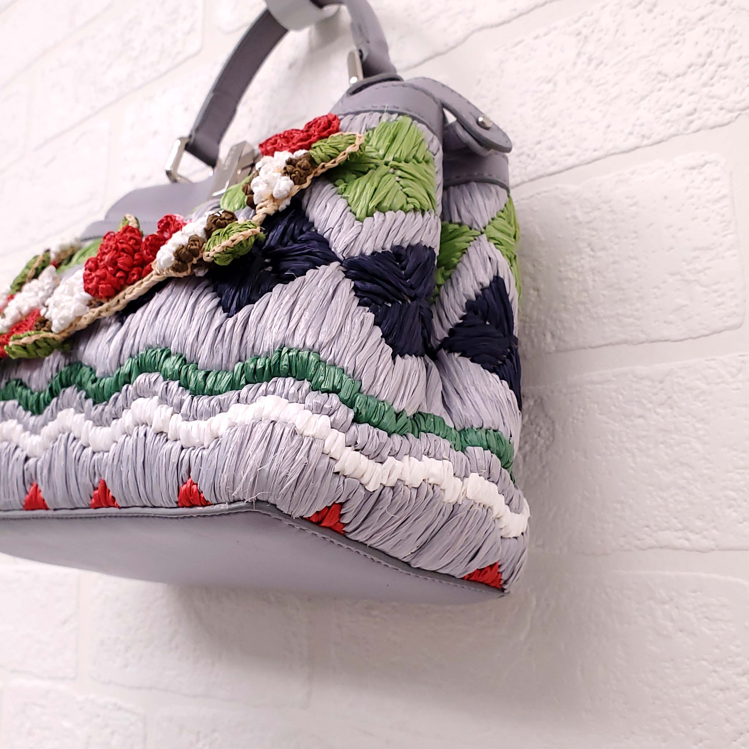 FENDI GREY LEATHER AND COLOURFUL RAFFIA FLORAL MINI PEEKABOO BAG