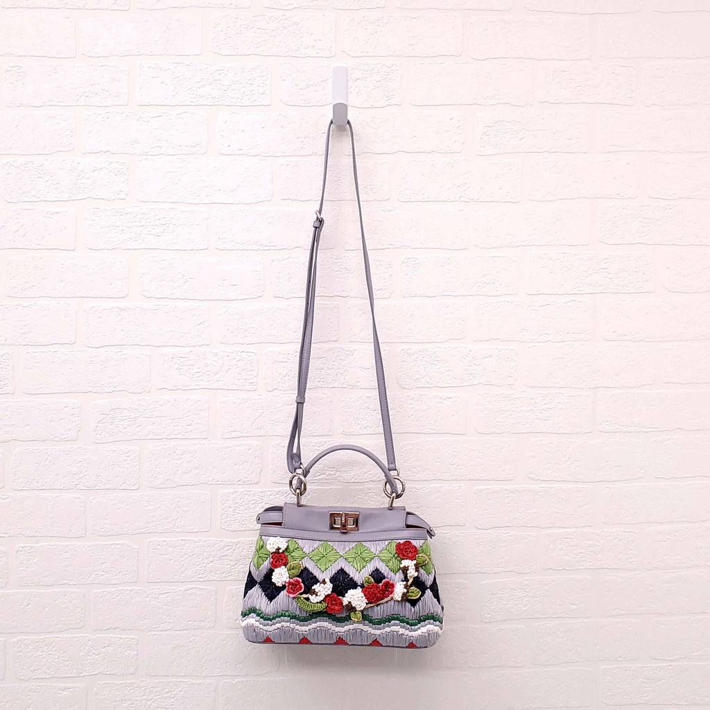 FENDI GREY LEATHER AND COLOURFUL RAFFIA FLORAL MINI PEEKABOO BAG