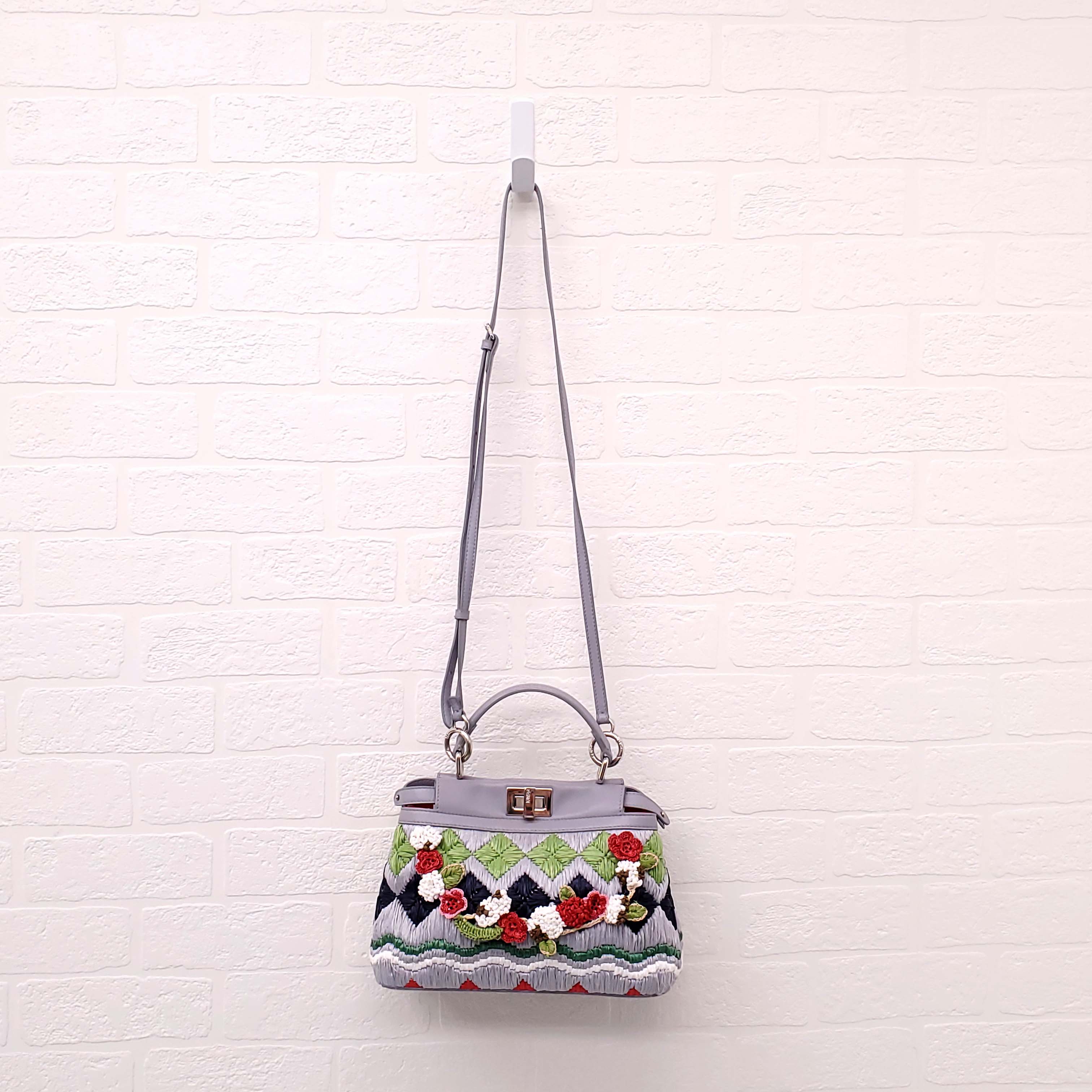 FENDI GREY LEATHER AND COLOURFUL RAFFIA FLORAL MINI PEEKABOO BAG