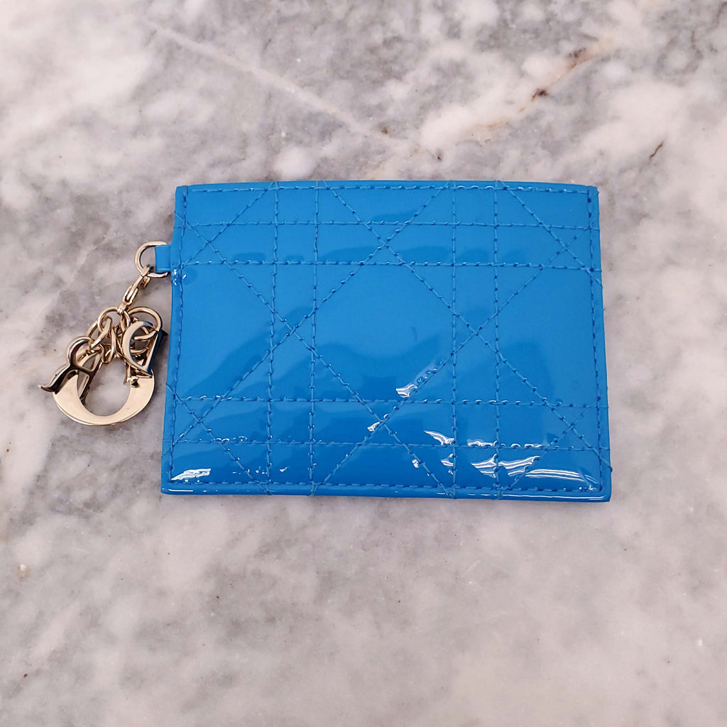 DIOR BLUE PATENT LADY DIOR CANNAGE CARD HOLDER