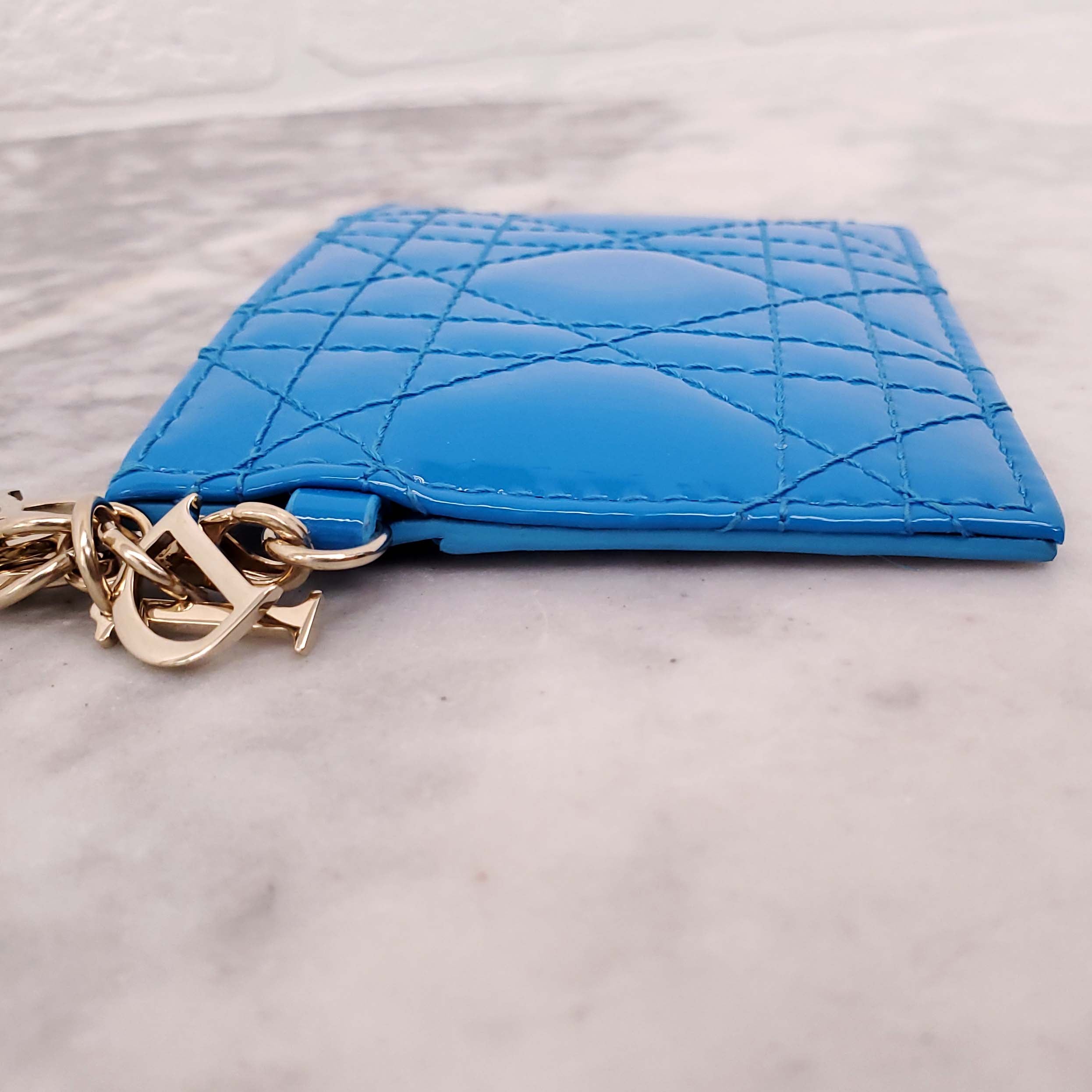 DIOR BLUE PATENT LADY DIOR CANNAGE CARD HOLDER