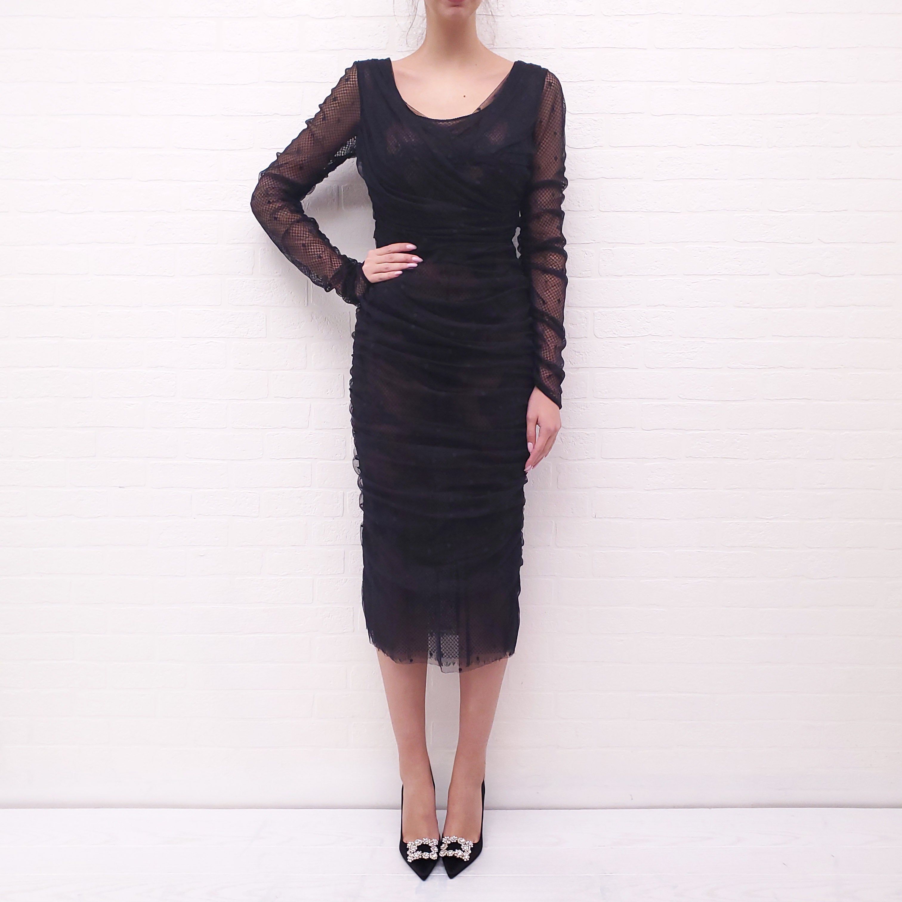 DOLCE & GABBANA BLACK TULLE POLKA DOT DETAIL DRESS - SIZE 46