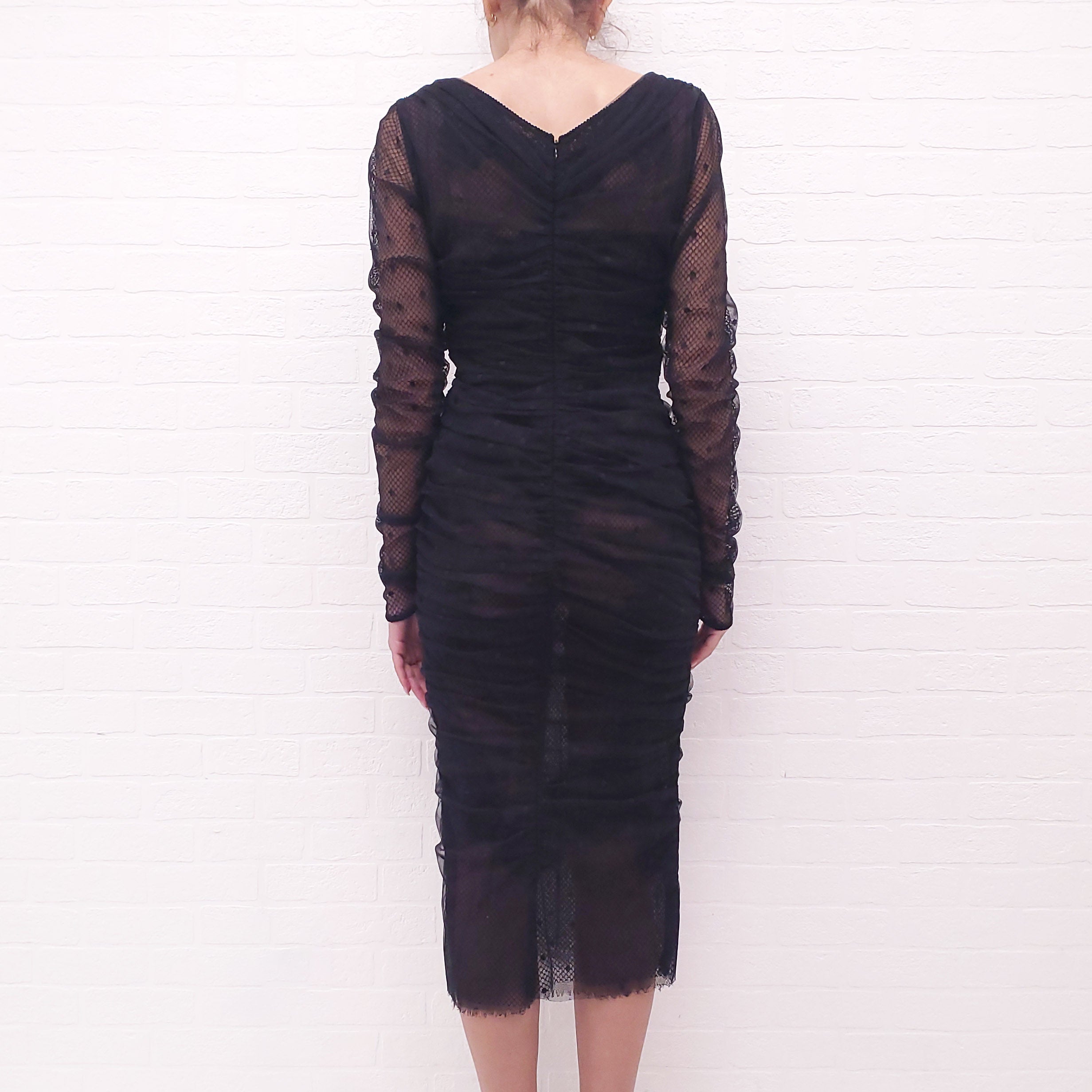 DOLCE & GABBANA BLACK TULLE POLKA DOT DETAIL DRESS - SIZE 46