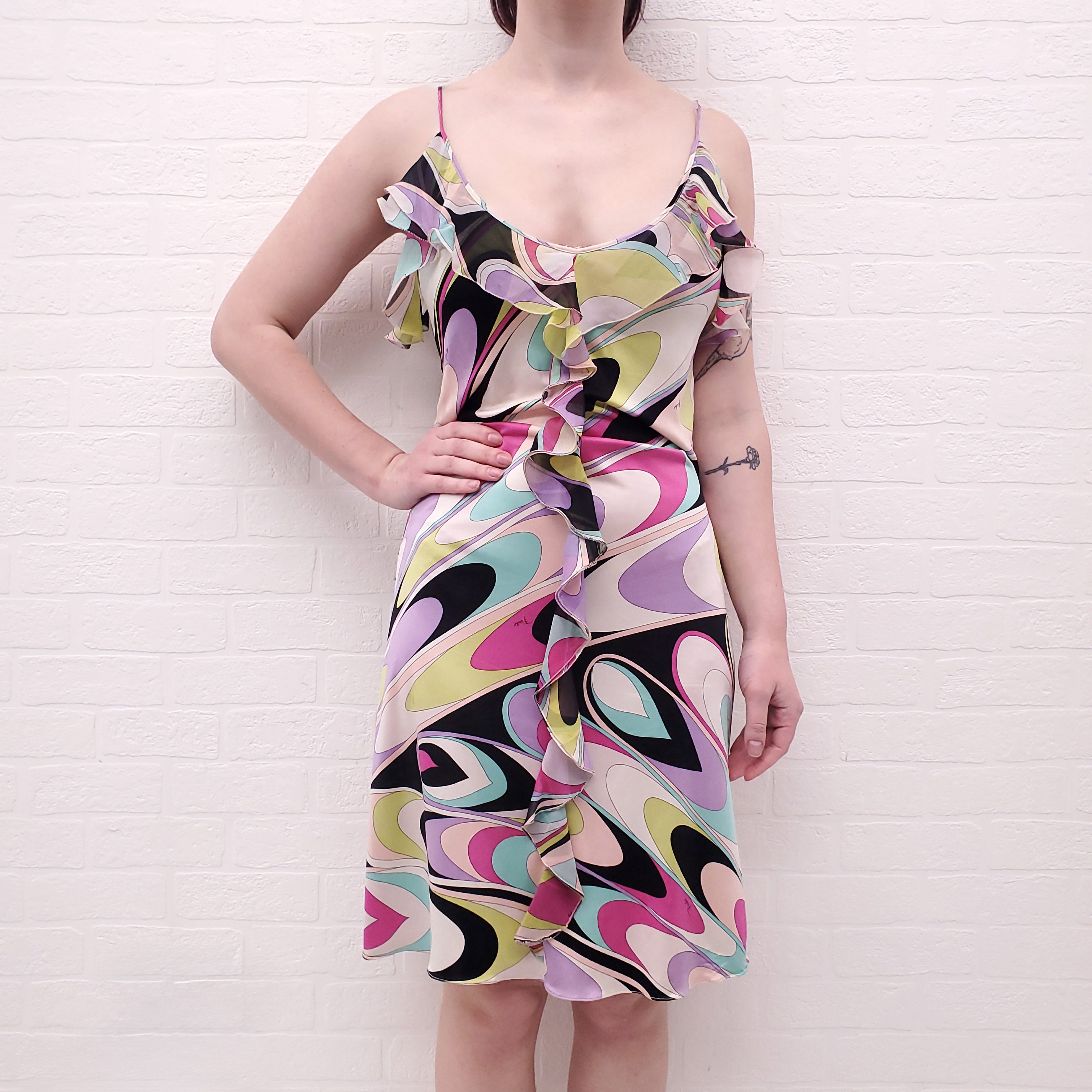 EMILIO PUCCI MULTICOLOUR SLIP DRESS WITH RUFFLE - SIZE 12