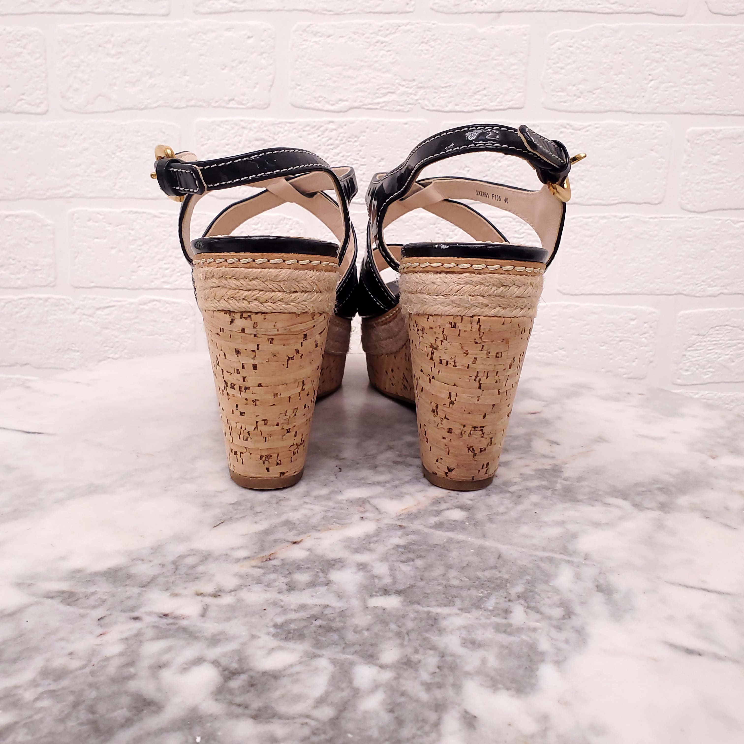 PRADA BLACK PATENT CORK WEDGES - SIZE 40