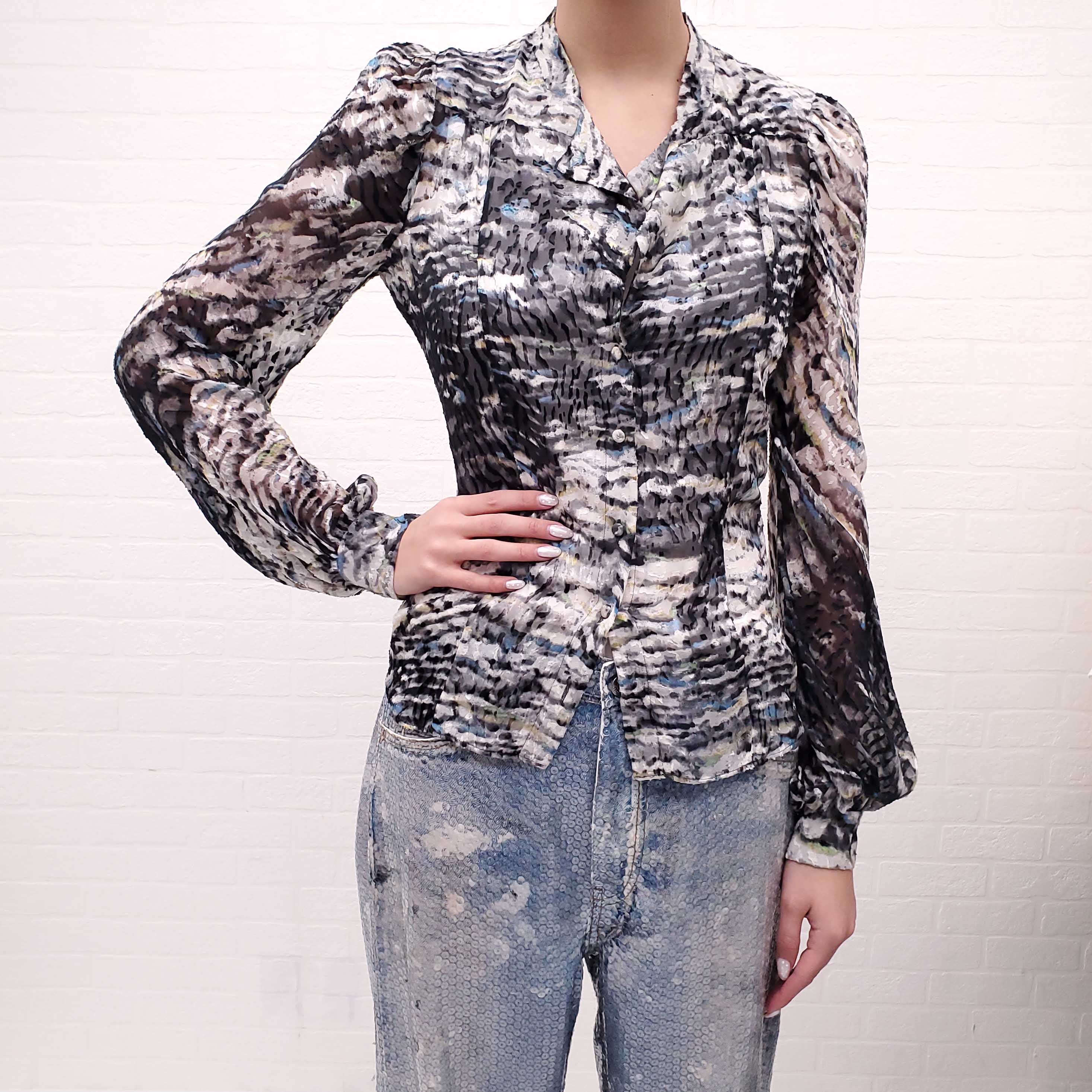 BALENCIAGA MULTICOLOURED SHEER VELVET BLOUSE - SIZE 38