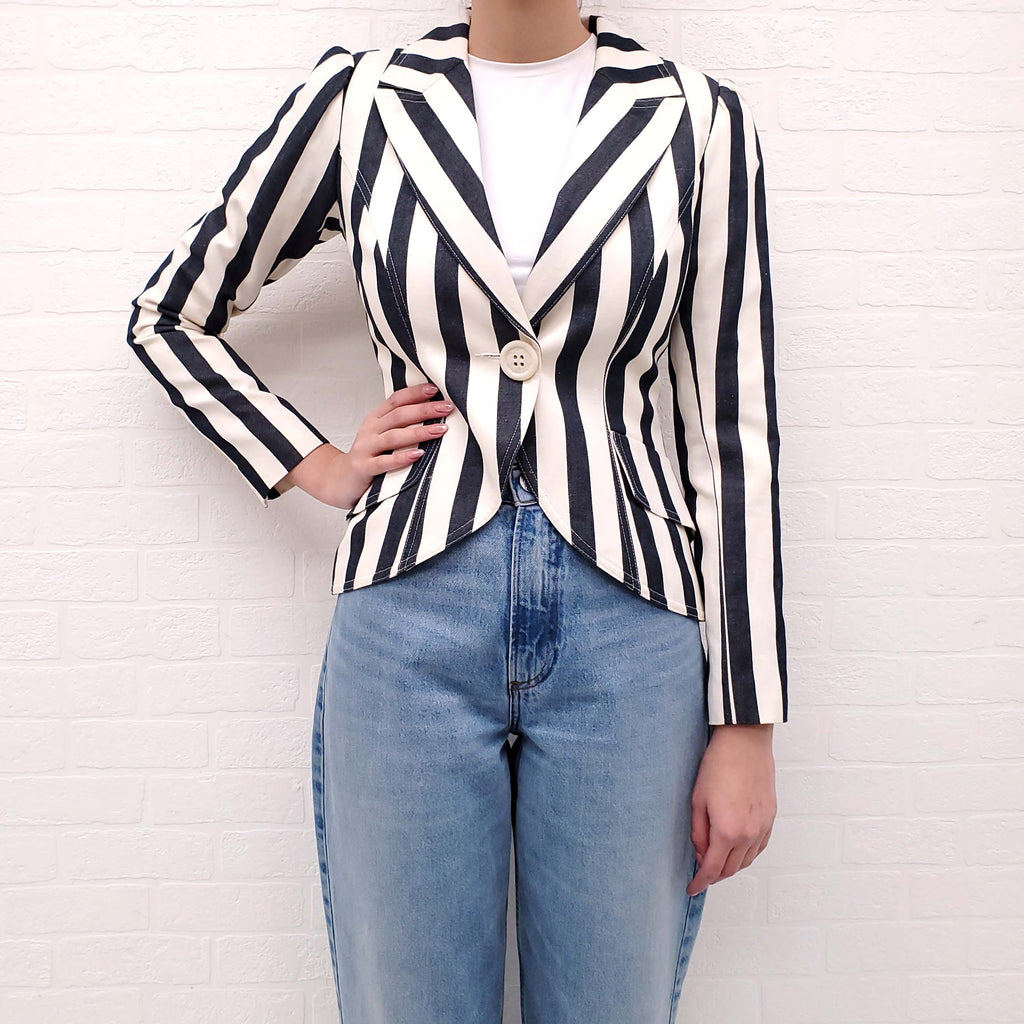 SMYTHE NAVY AND WHITE STRIPED BLAZER - SIZE 4