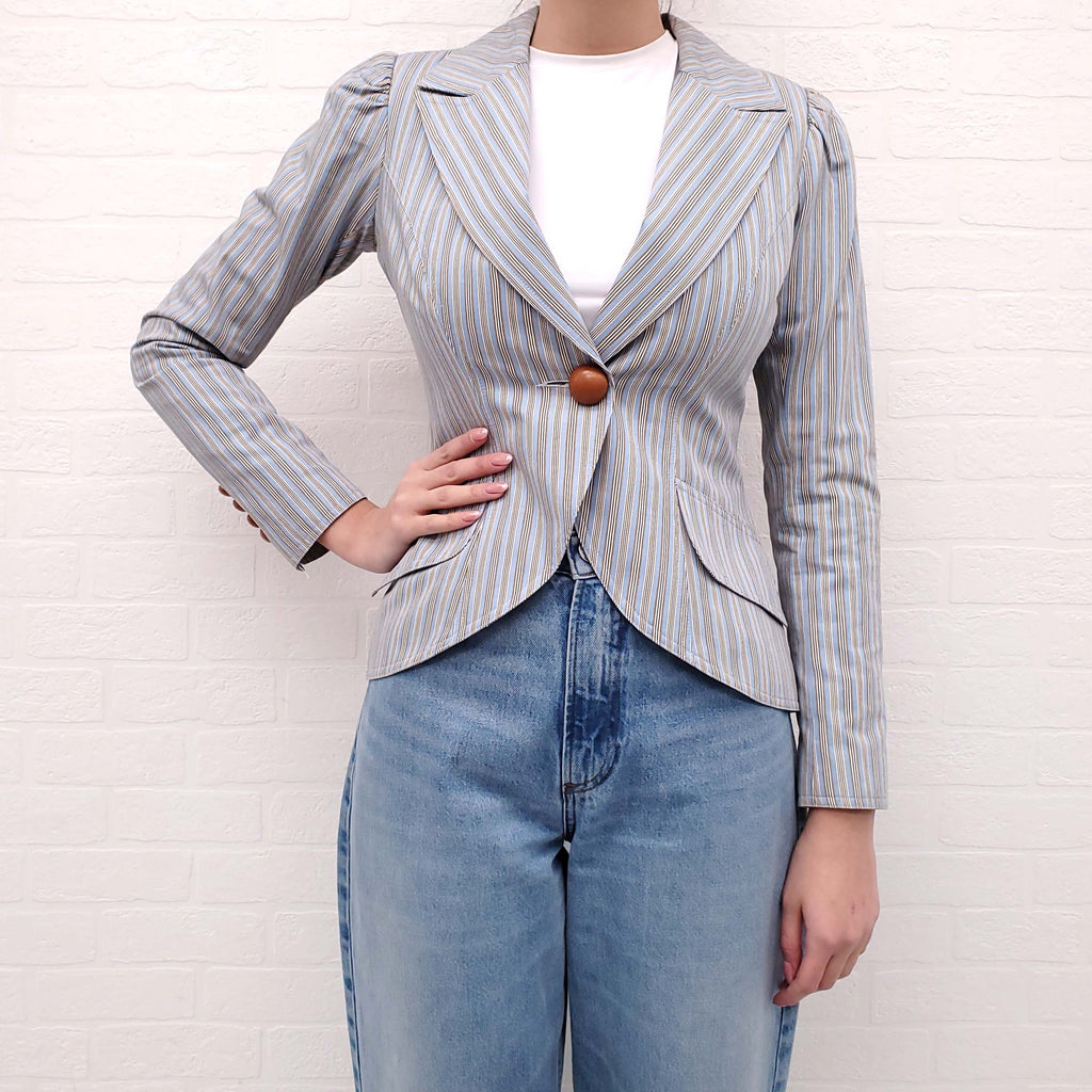 SMYTHE PINSTRIPE BLUE COTTON BLAZER WITH WOOD BUTTONS - SIZE 4