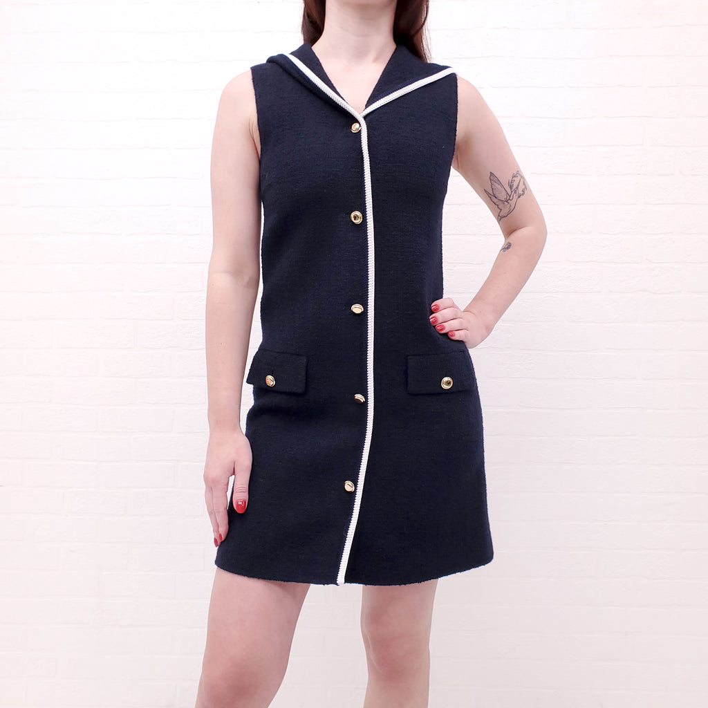 MIU MIU NAVY TWEED COLLARED SAILOR MINI DRESS - SIZE 36