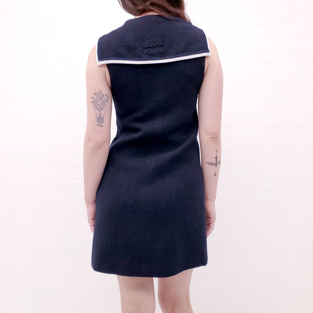MIU MIU NAVY TWEED COLLARED SAILOR MINI DRESS - SIZE 36