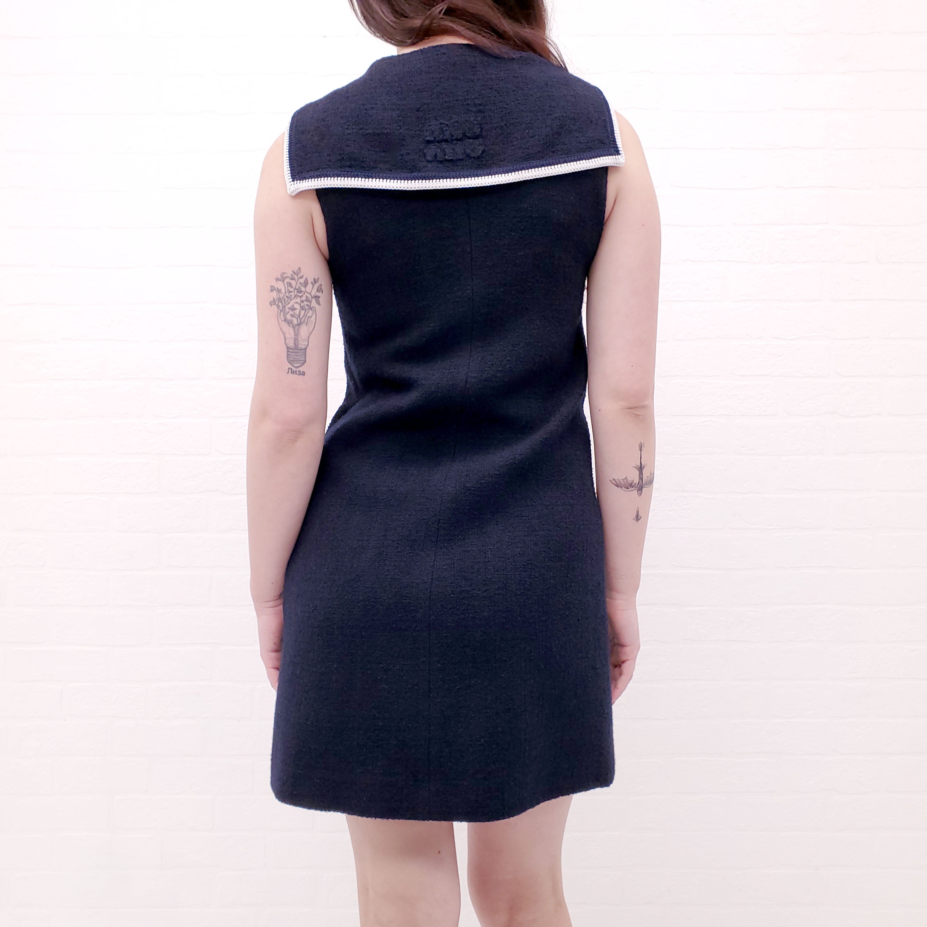 MIU MIU NAVY TWEED COLLARED SAILOR MINI DRESS - SIZE 36