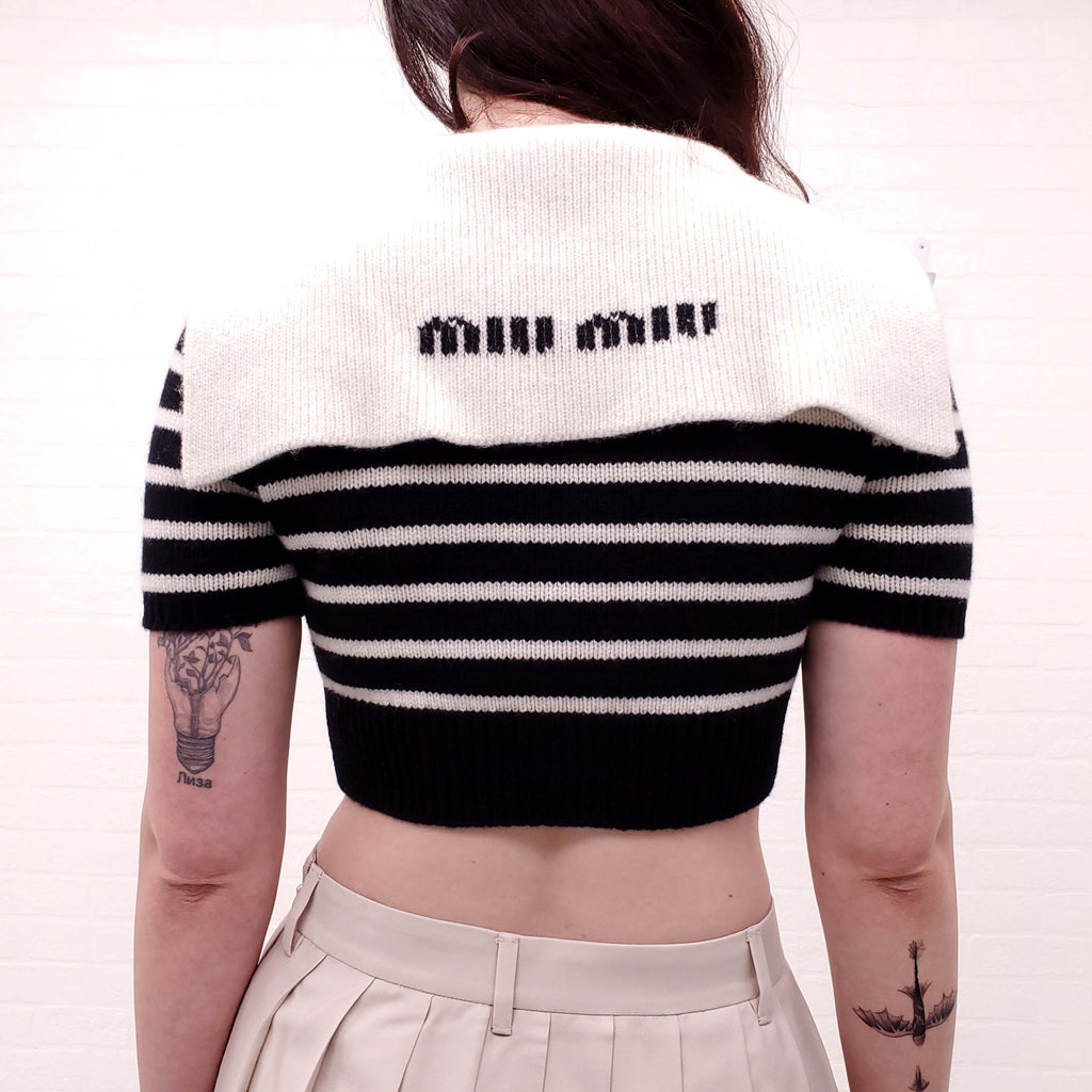 MIU MIU CROPPED CASHMERE STRIPED SHORT SLEEVE CARDIGAN - SIZE 38