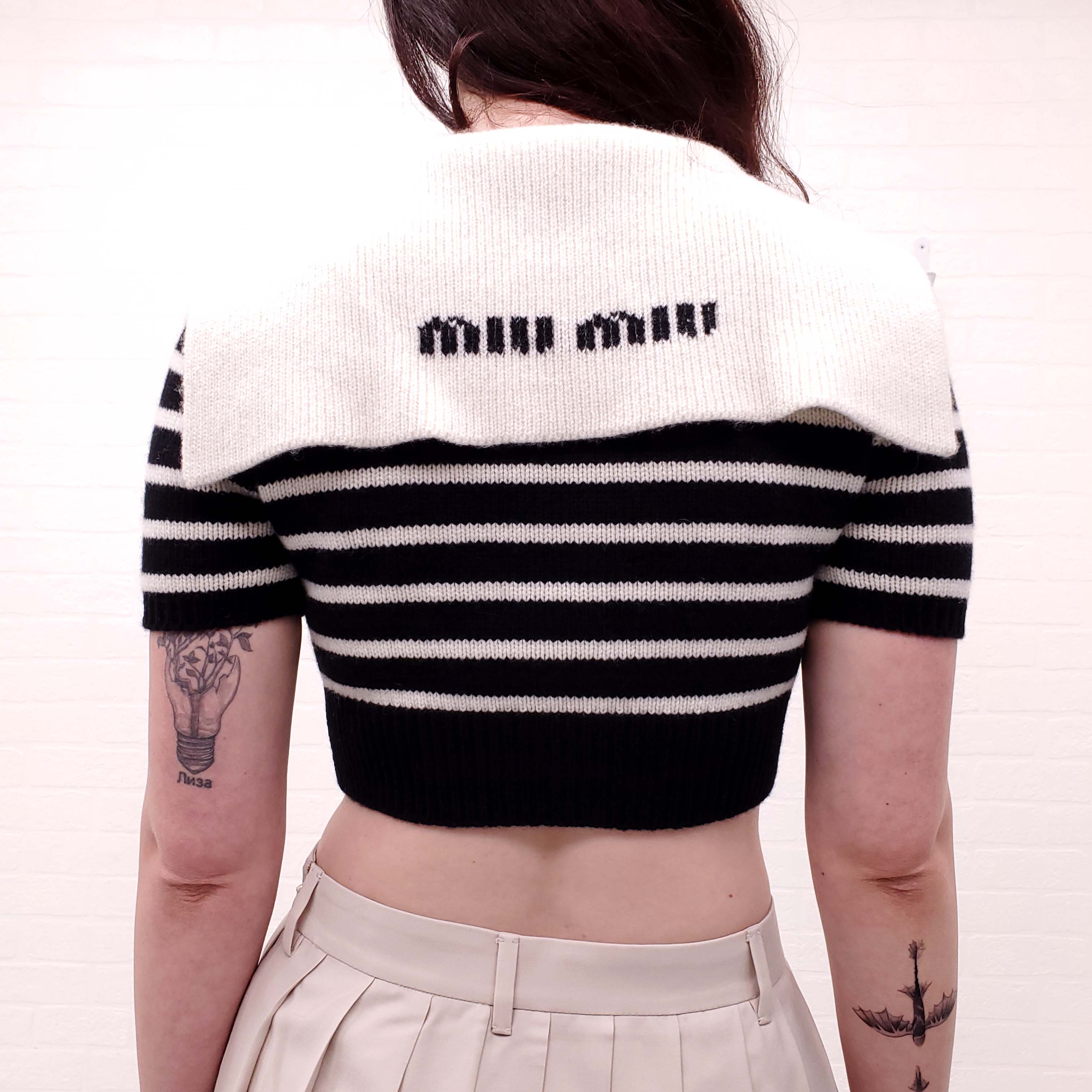 MIU MIU CROPPED CASHMERE STRIPED SHORT SLEEVE CARDIGAN - SIZE 38