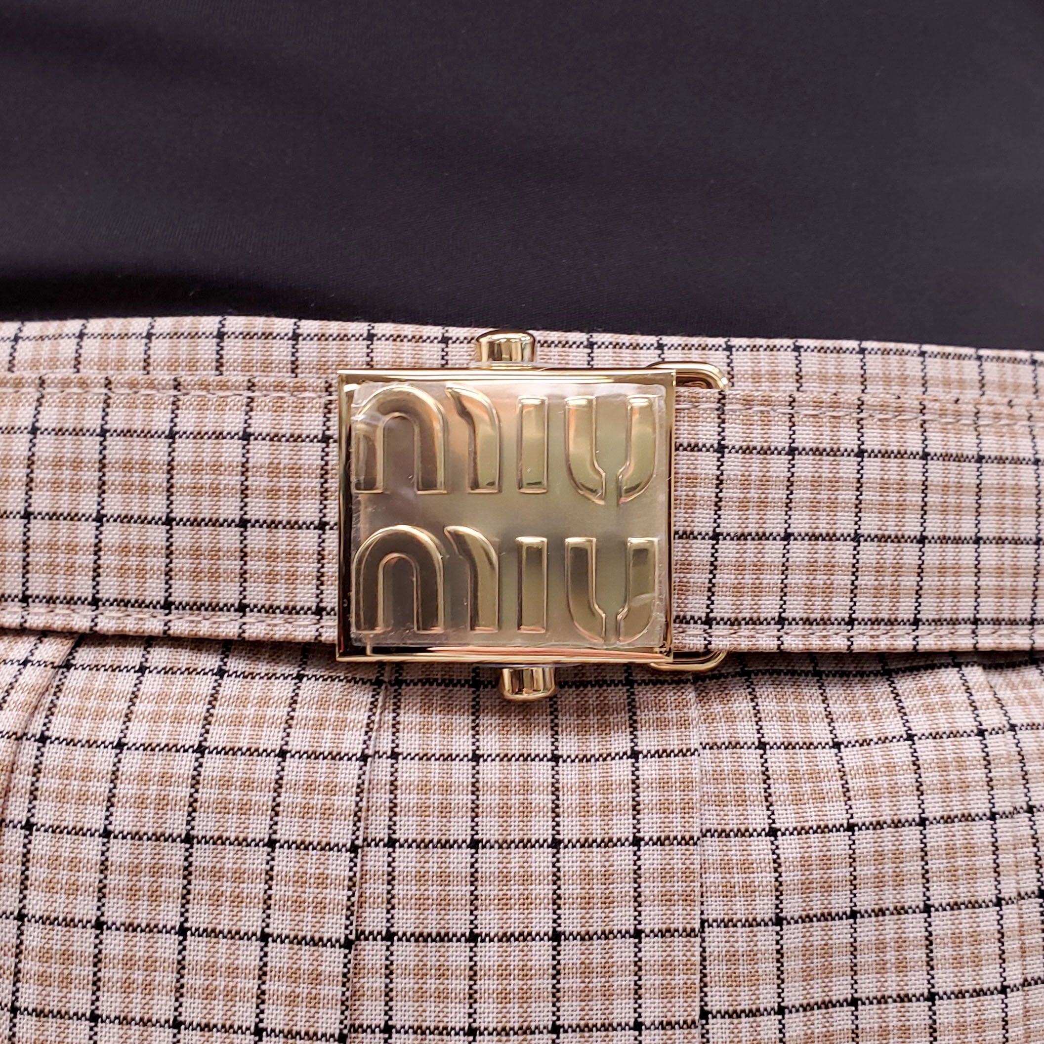 MIU MIU NUDE CHECK SKIRT WITH LOGO BELT - SIZE 36