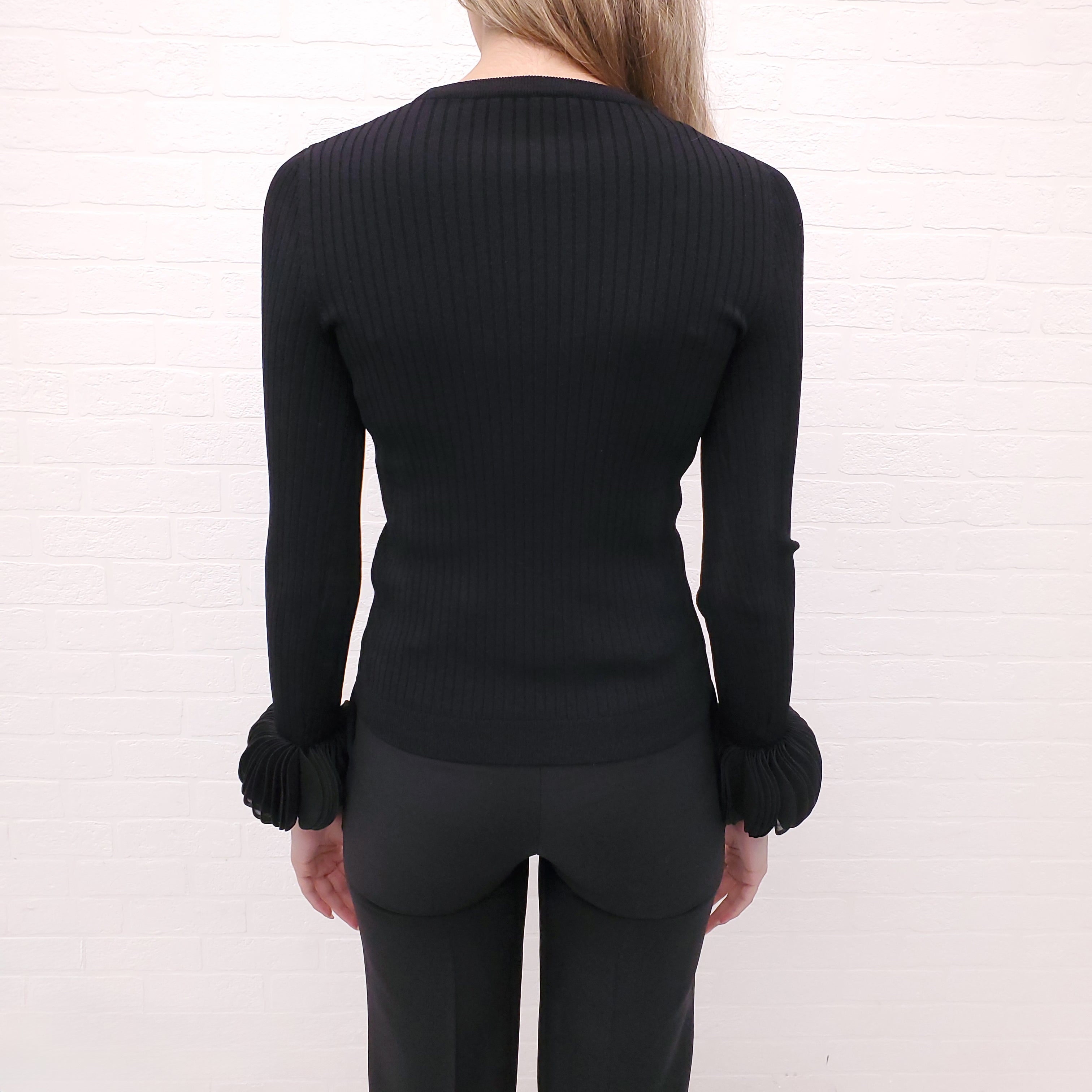 VALENTINO RIBBED BLACK TOP WITH ROSETTE SLEEVE DETAILS - SIZE XS