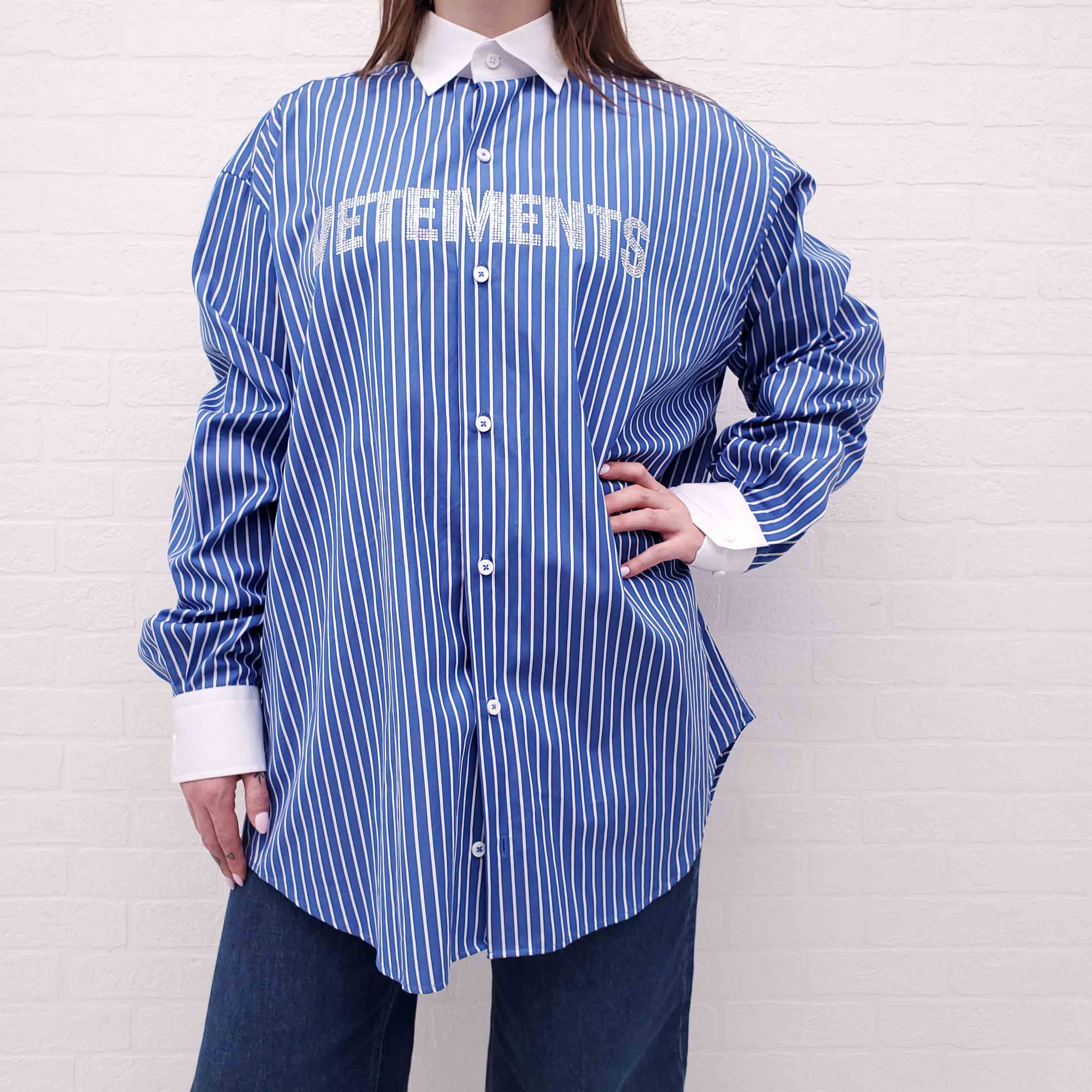VETEMENTS BLUE STRIPED CRYSTAL LOGO UNISEX OVERSIZED BLOUSE - SIZE XS
