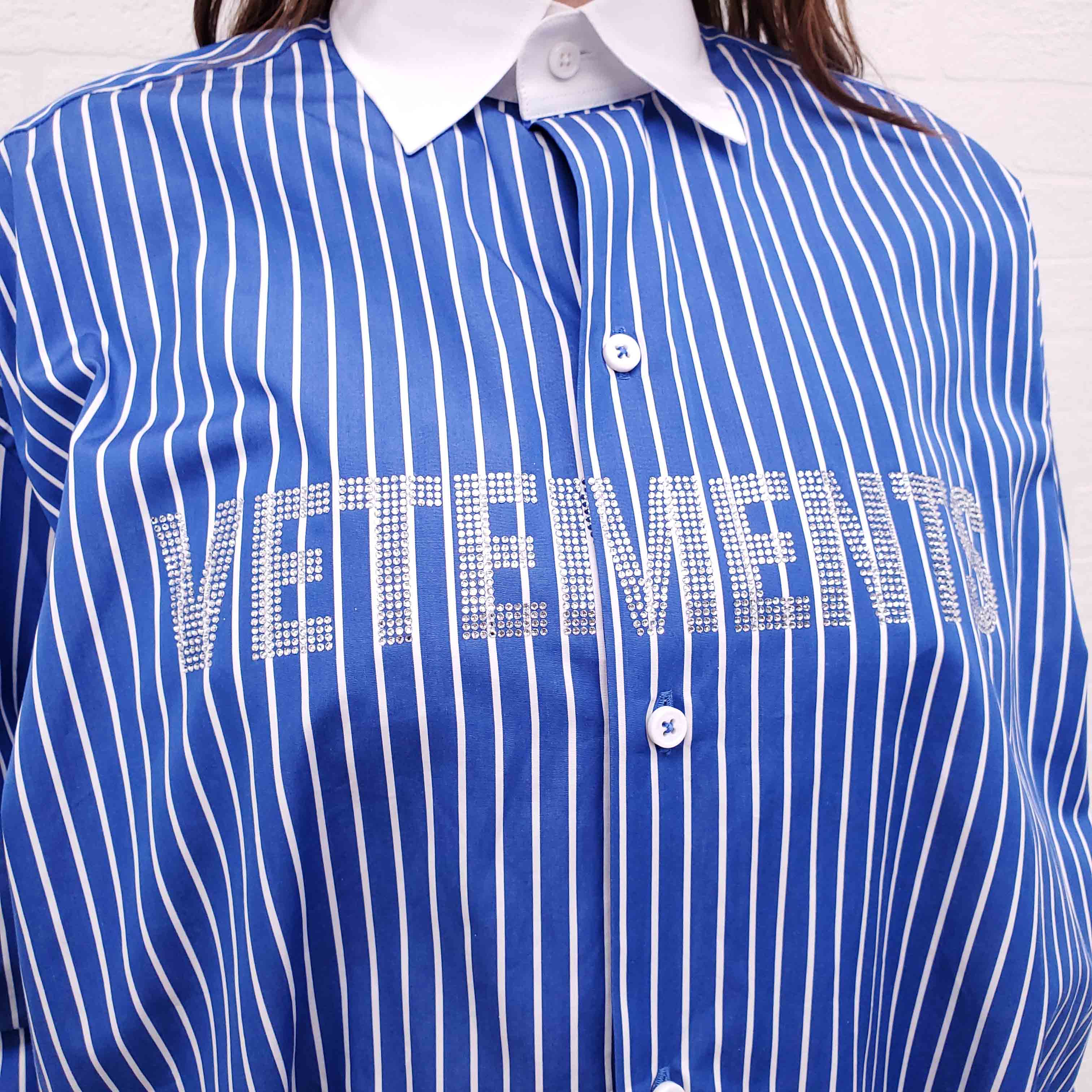 VETEMENTS BLUE STRIPED CRYSTAL LOGO UNISEX OVERSIZED BLOUSE - SIZE XS