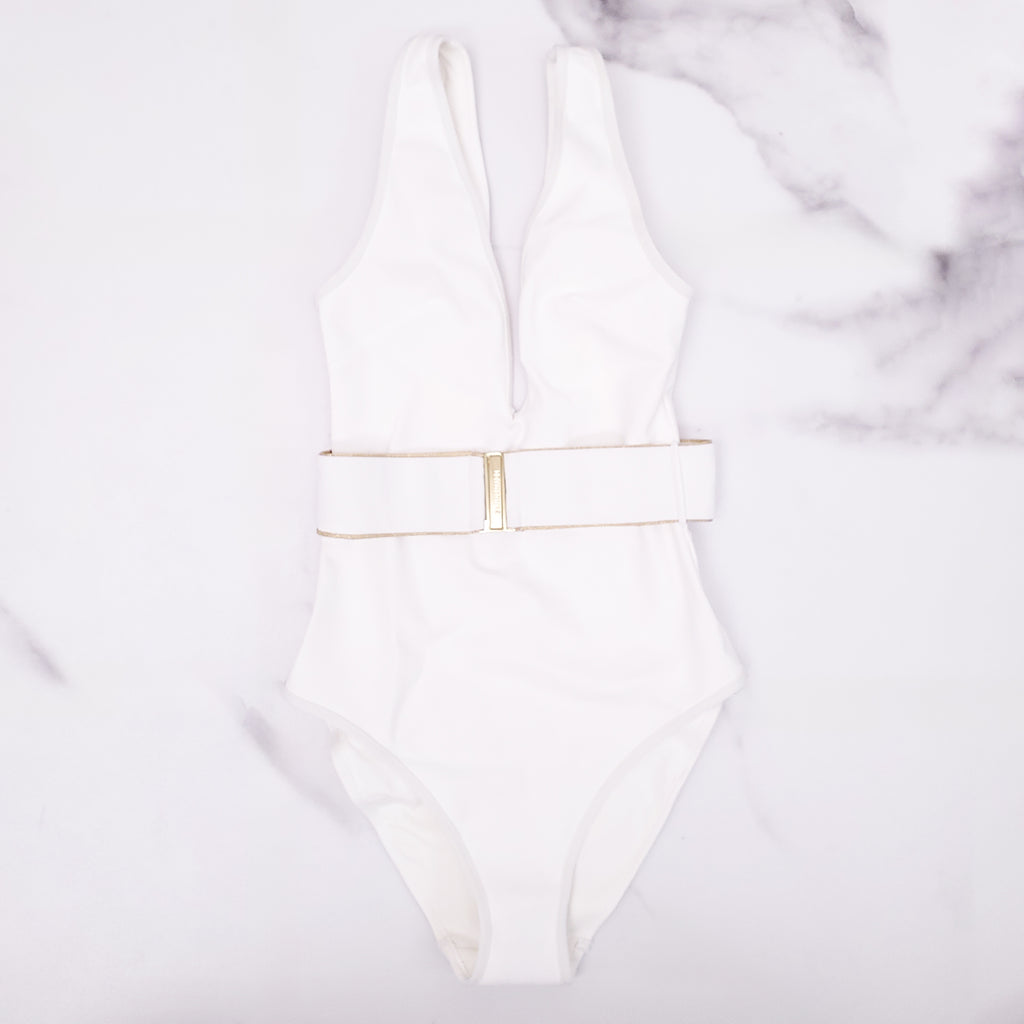 ZIMMERMANN WHITE V-NECK SWIMSUIT WITH GOLD BELT DETAIL - SIZE 0 (US 2-4)