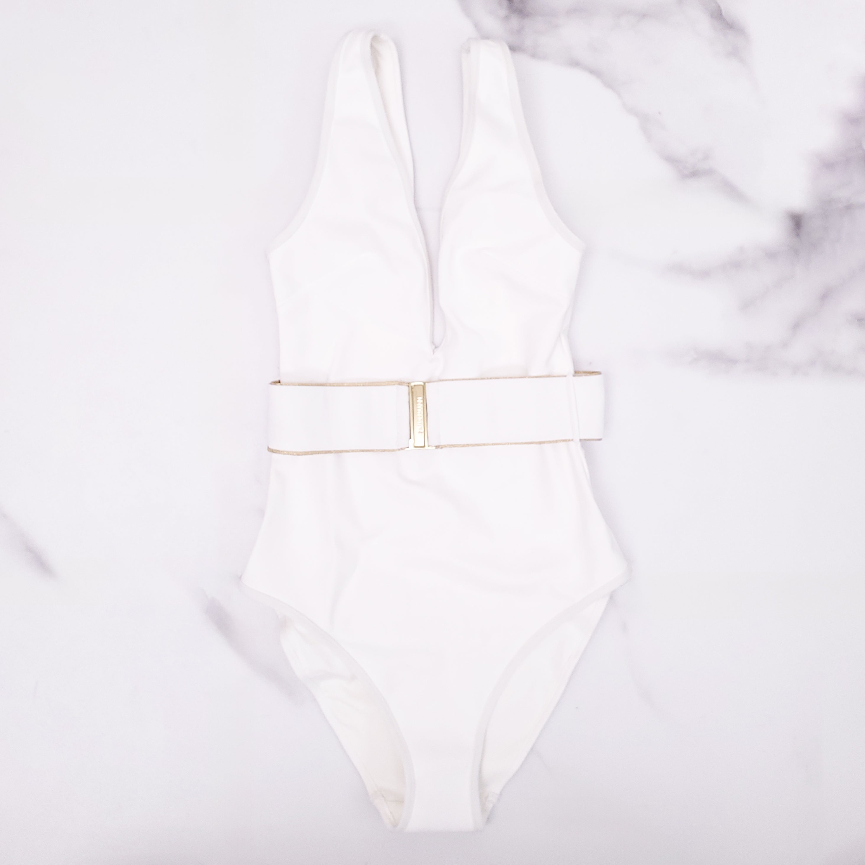 ZIMMERMANN WHITE V-NECK SWIMSUIT WITH GOLD BELT DETAIL - SIZE 0 (US 2-4)