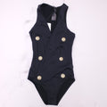 BALMAIN BLACK V-NECK SWIMSUIT WITH GOLD LOGO BUTTONS - SIZE 34