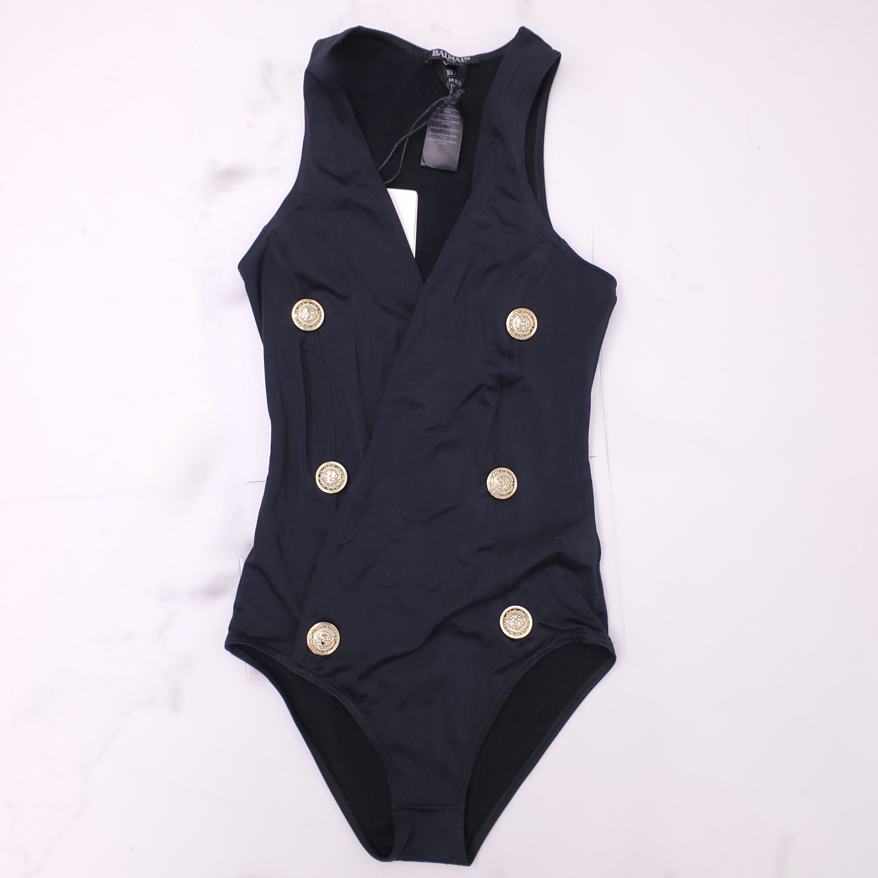 BALMAIN BLACK V-NECK SWIMSUIT WITH GOLD LOGO BUTTONS - SIZE 34