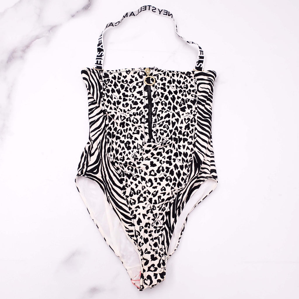 STELLA MCCARTNEY BLACK AND WHITE HEART PATTERNED SWIMSUIT WITH ZIPPER AND LOGO NECKLINE DETAIL - SIZE S