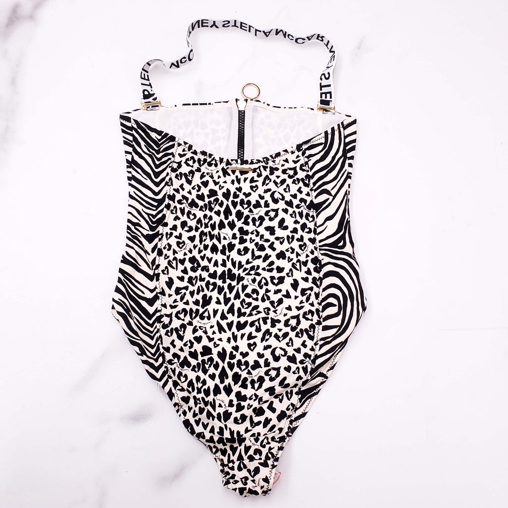 STELLA MCCARTNEY BLACK AND WHITE HEART PATTERNED SWIMSUIT WITH ZIPPER AND LOGO NECKLINE DETAIL - SIZE S