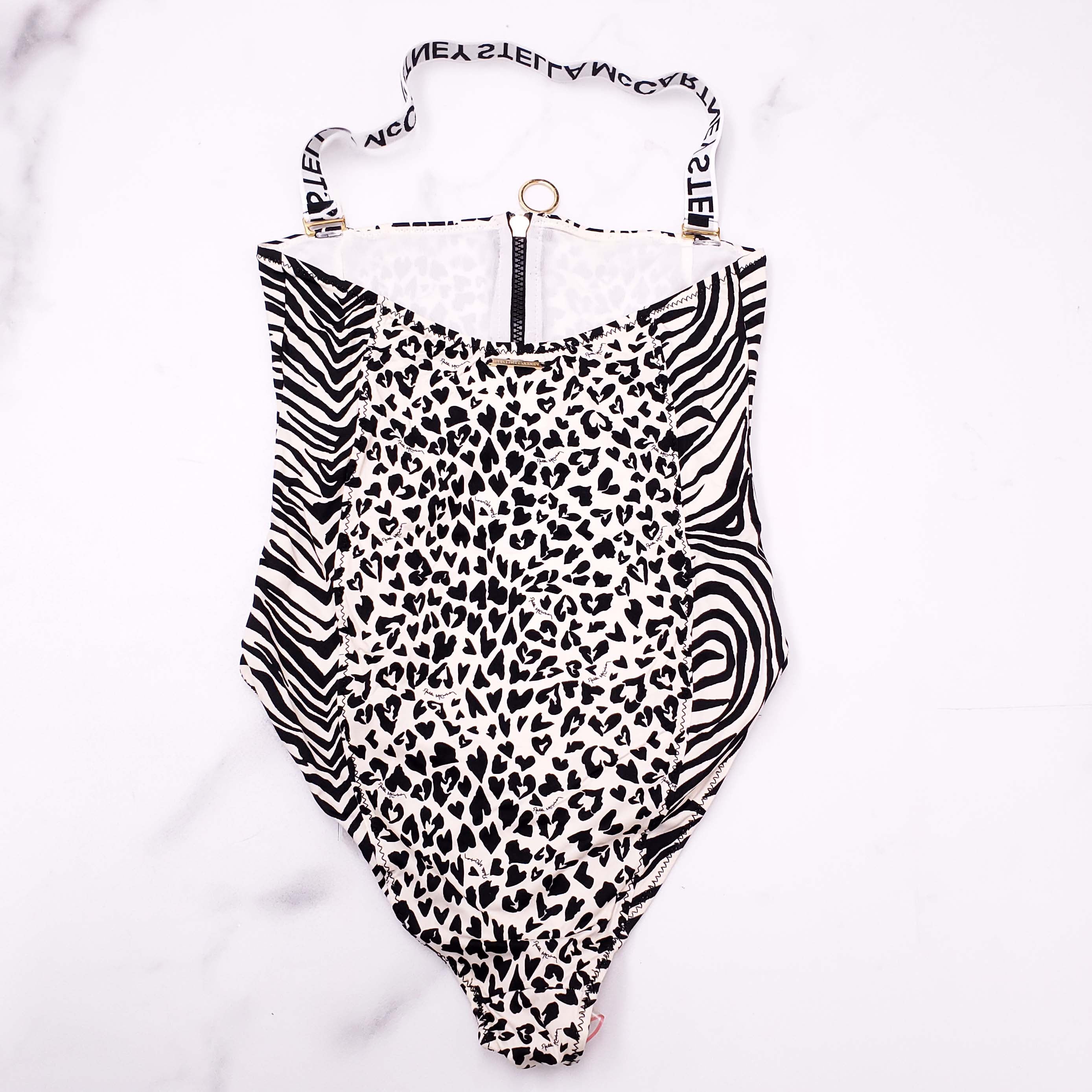 STELLA MCCARTNEY BLACK AND WHITE HEART PATTERNED SWIMSUIT WITH ZIPPER AND LOGO NECKLINE DETAIL - SIZE S