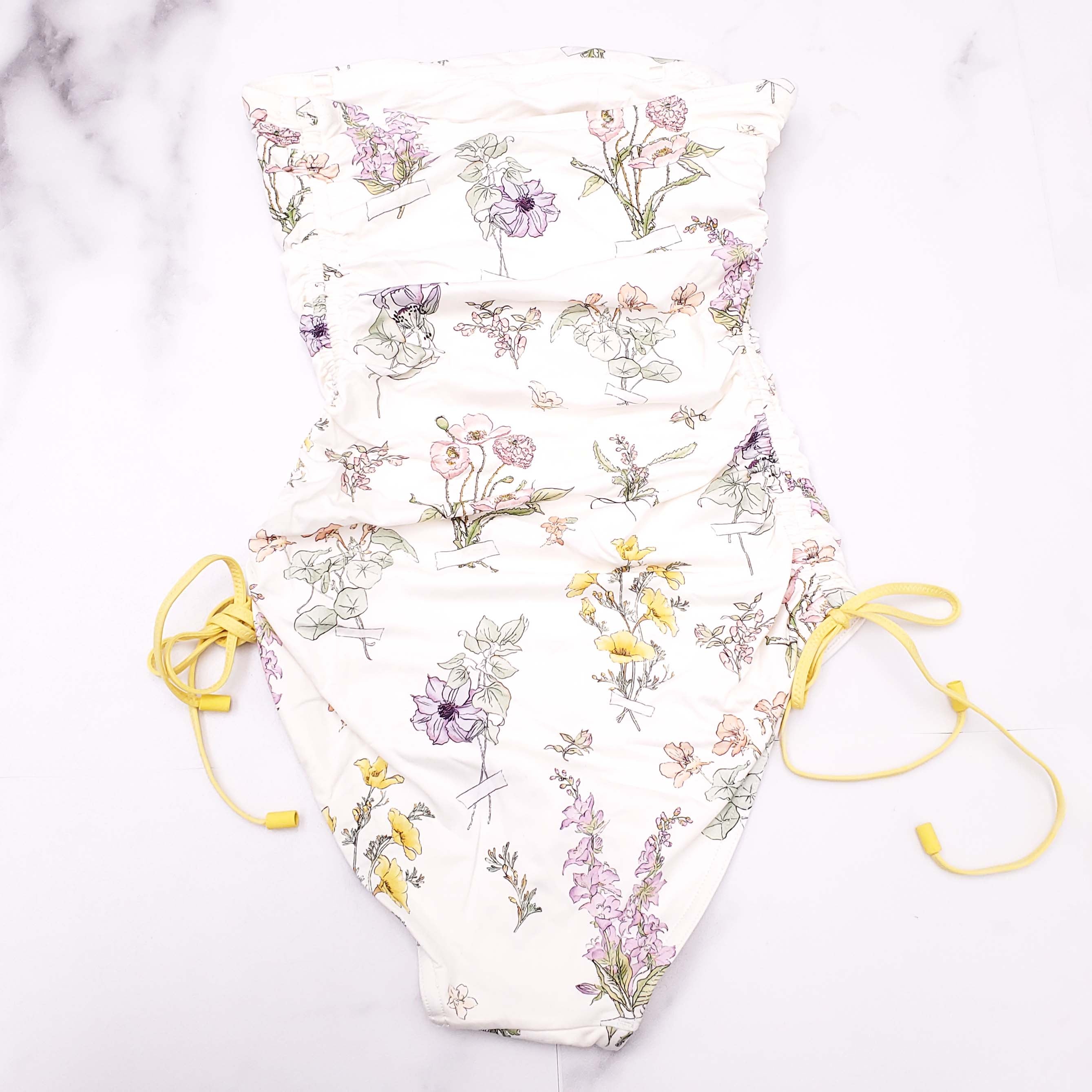 ZIMMERMANN WHITE STRAPLESS FLORAL SWIMSUIT WITH YELLOW TIE DETAILS - SIZE 1 (US 4-6)