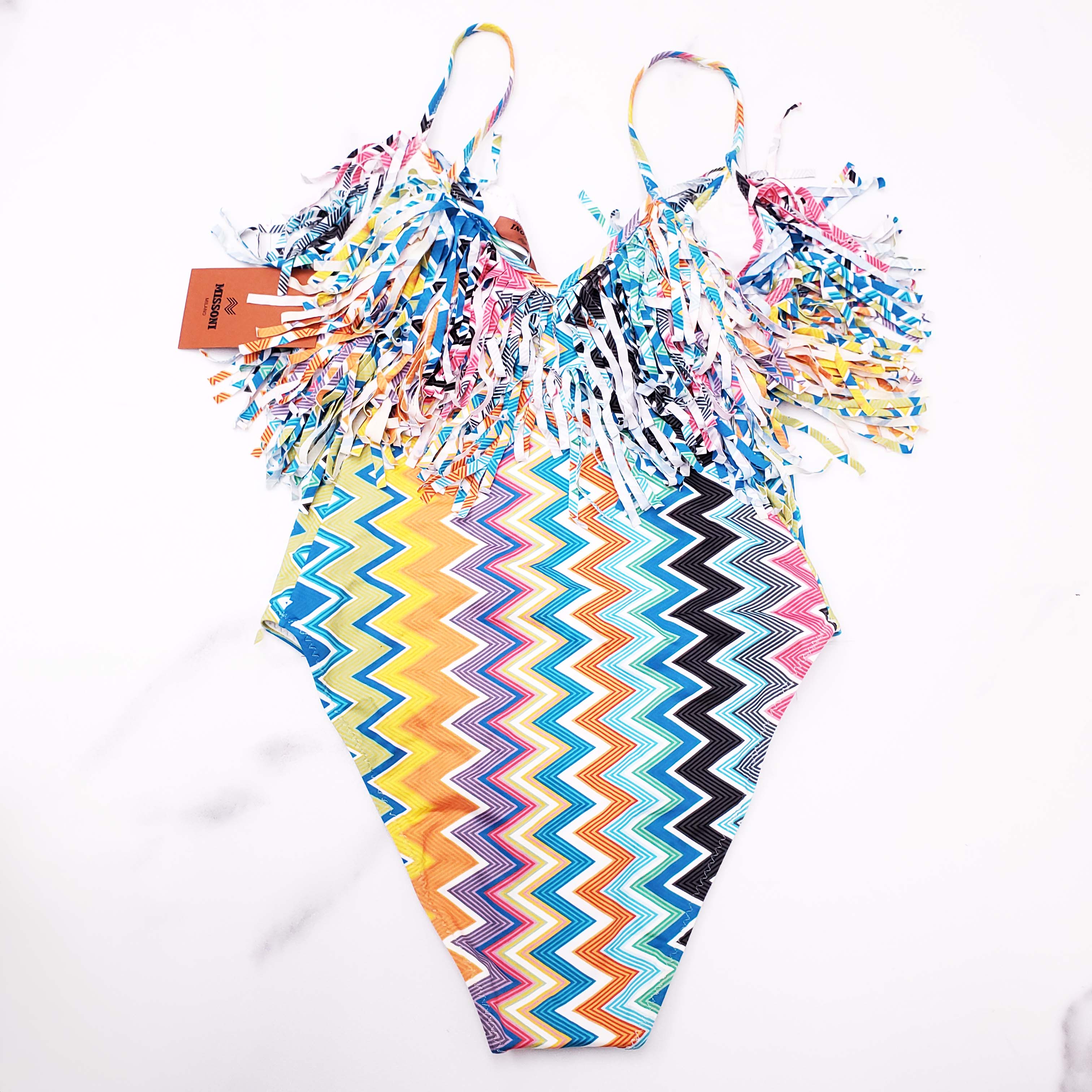 MISSONI MULTICOLOURED STRAPLESS FRILL SWIMSUIT - SIZE 40