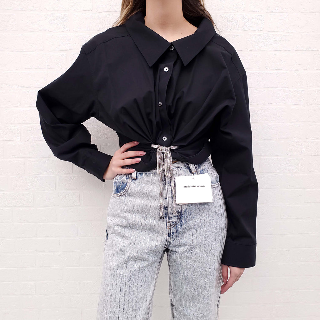 ALEXANDER WANG BLACK CROPPED CRYSTAL TIE SHIRT - SIZE L