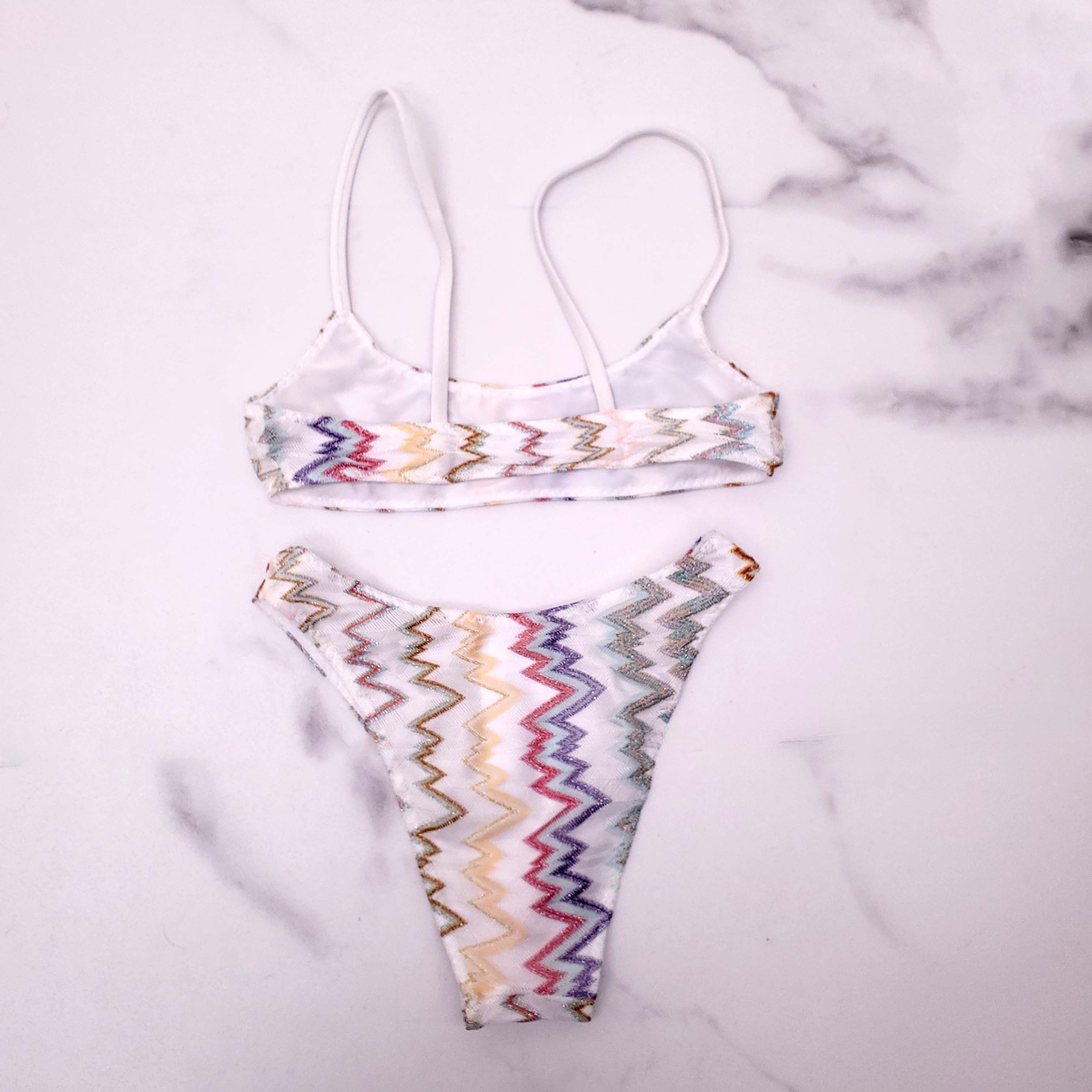 MISSONI WHITE BIKINI WITH MULTICOLOURED ZIGZAG PATTERN - SIZE 36