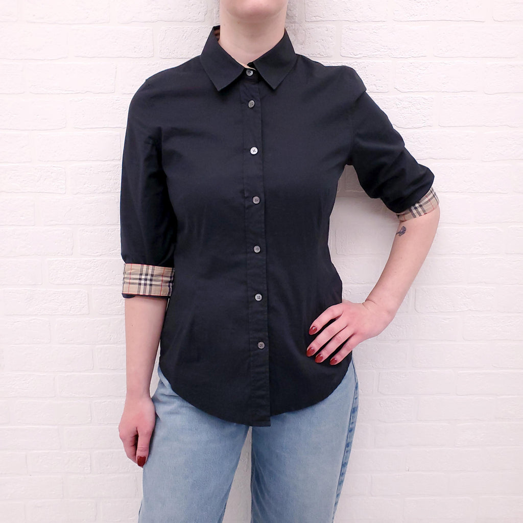 BURBERRY BLACK COTTON BLOUSE WITH CHECK CUFF DETAIL - SIZE S