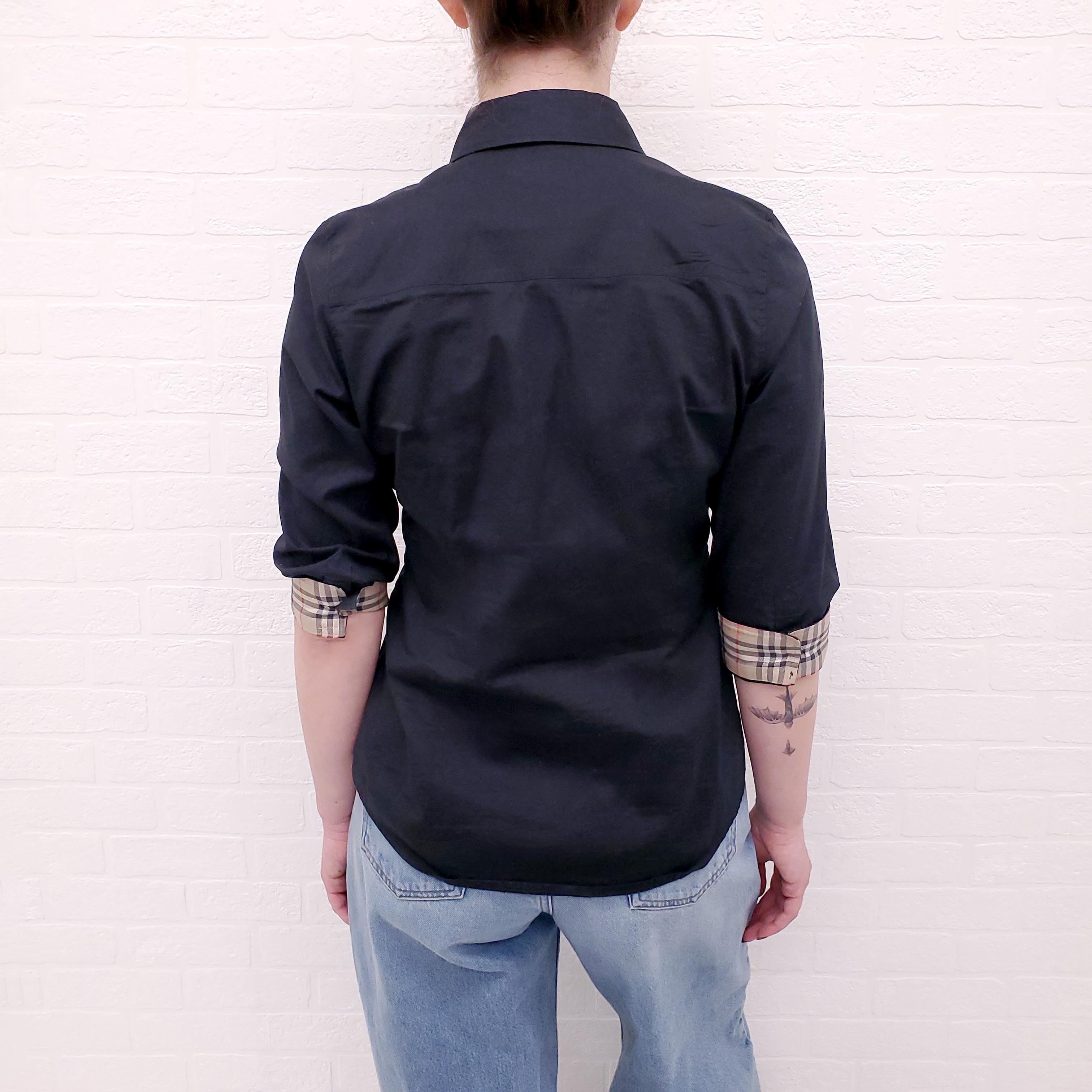 BURBERRY BLACK COTTON BLOUSE WITH CHECK CUFF DETAIL - SIZE S