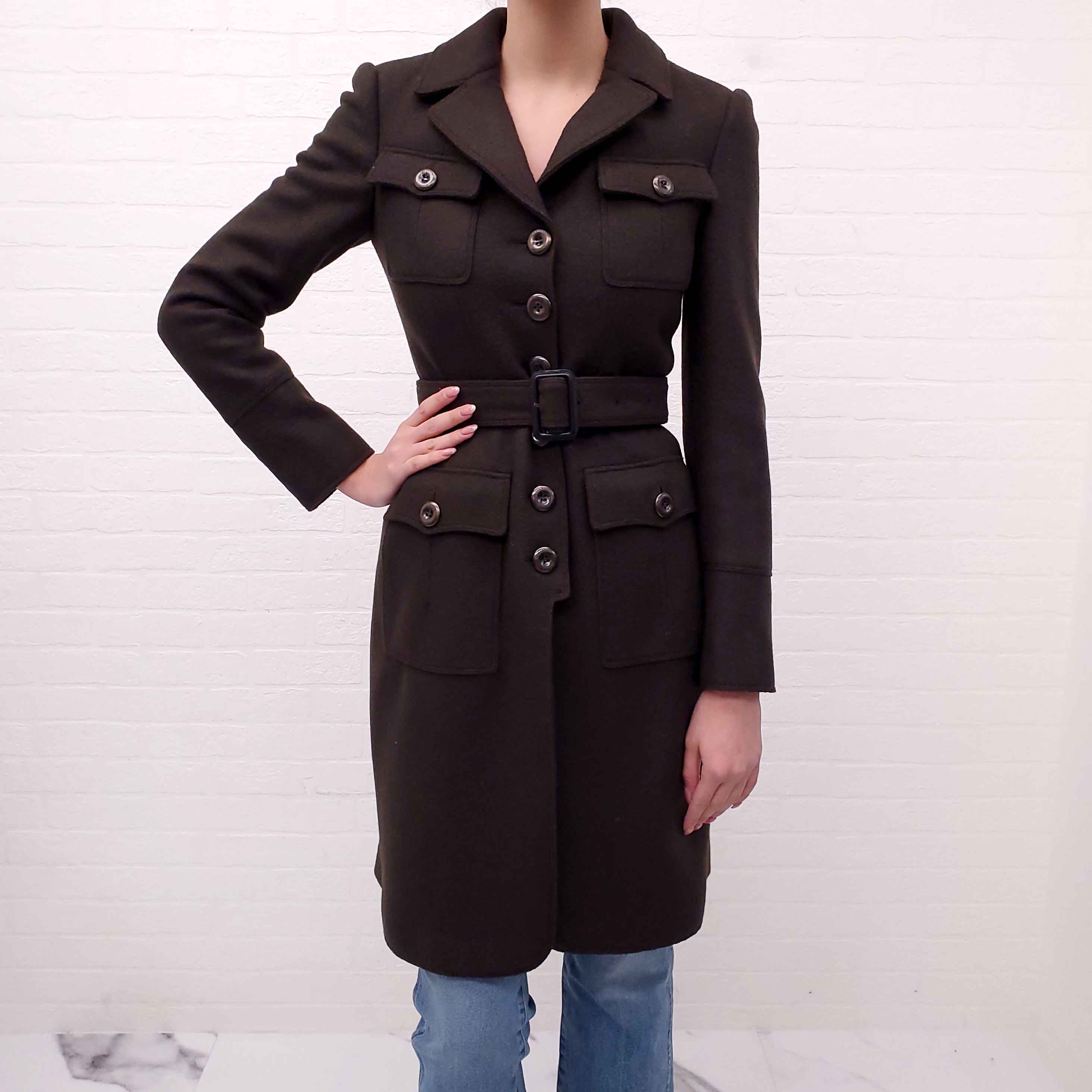 BURBERRY BROWN KHAKI PEACOAT WITH BELT AND CHECK LINING - SIZE 4