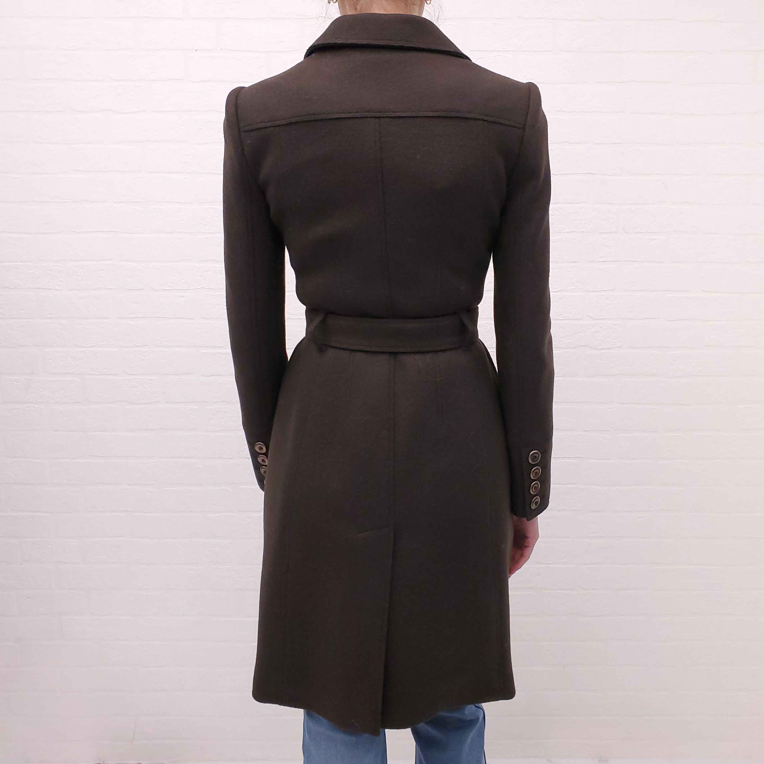 BURBERRY BROWN KHAKI PEACOAT WITH BELT AND CHECK LINING - SIZE 4