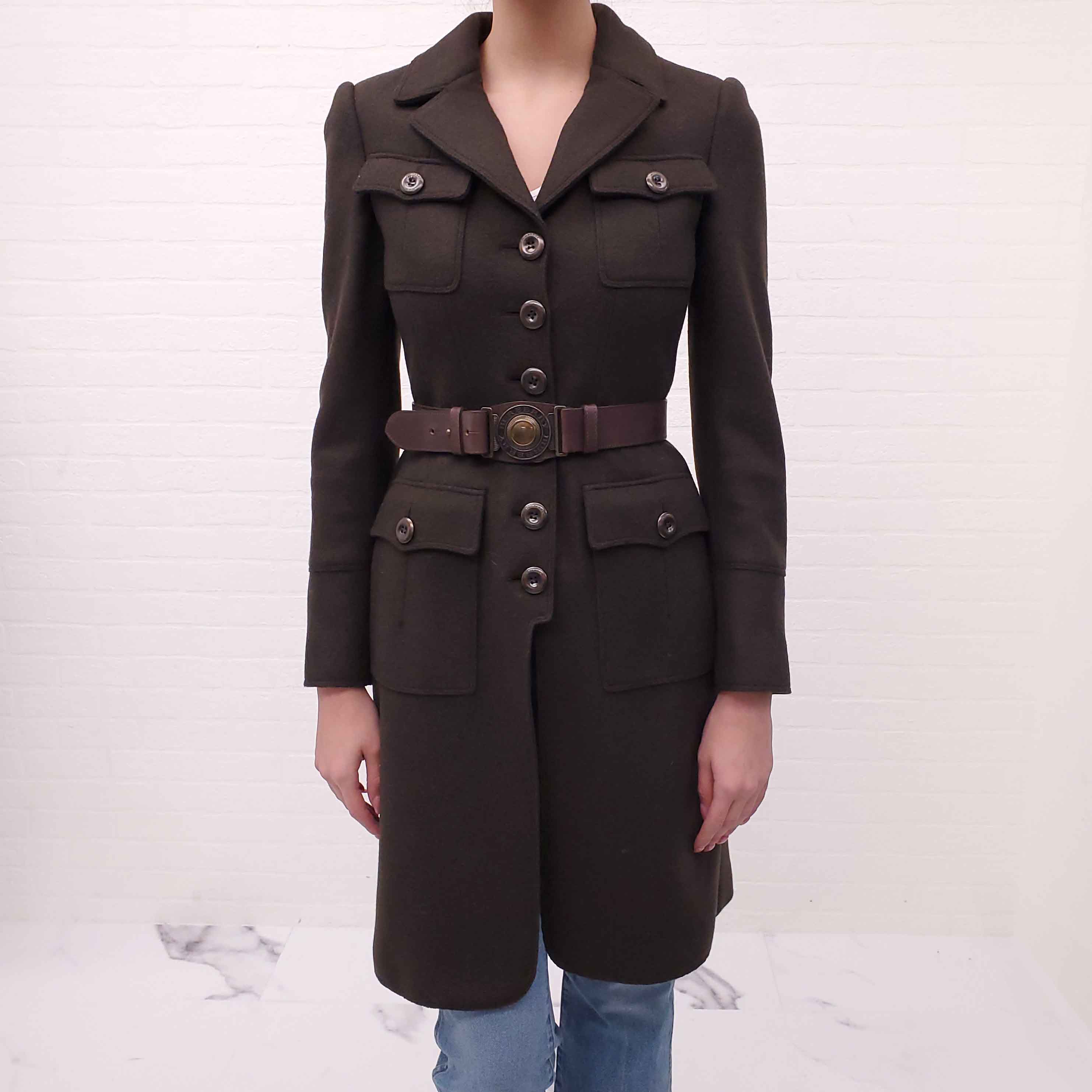 BURBERRY BROWN KHAKI PEACOAT WITH BELT AND CHECK LINING - SIZE 4