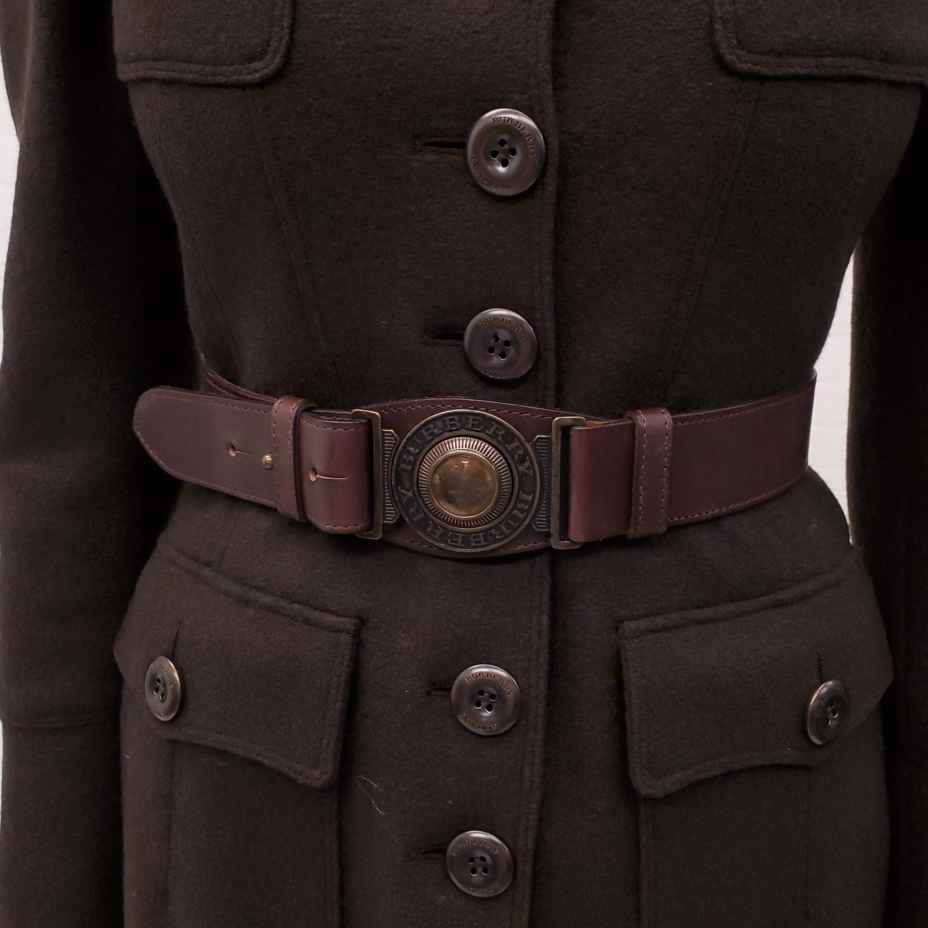 BURBERRY BROWN KHAKI PEACOAT WITH BELT AND CHECK LINING - SIZE 4