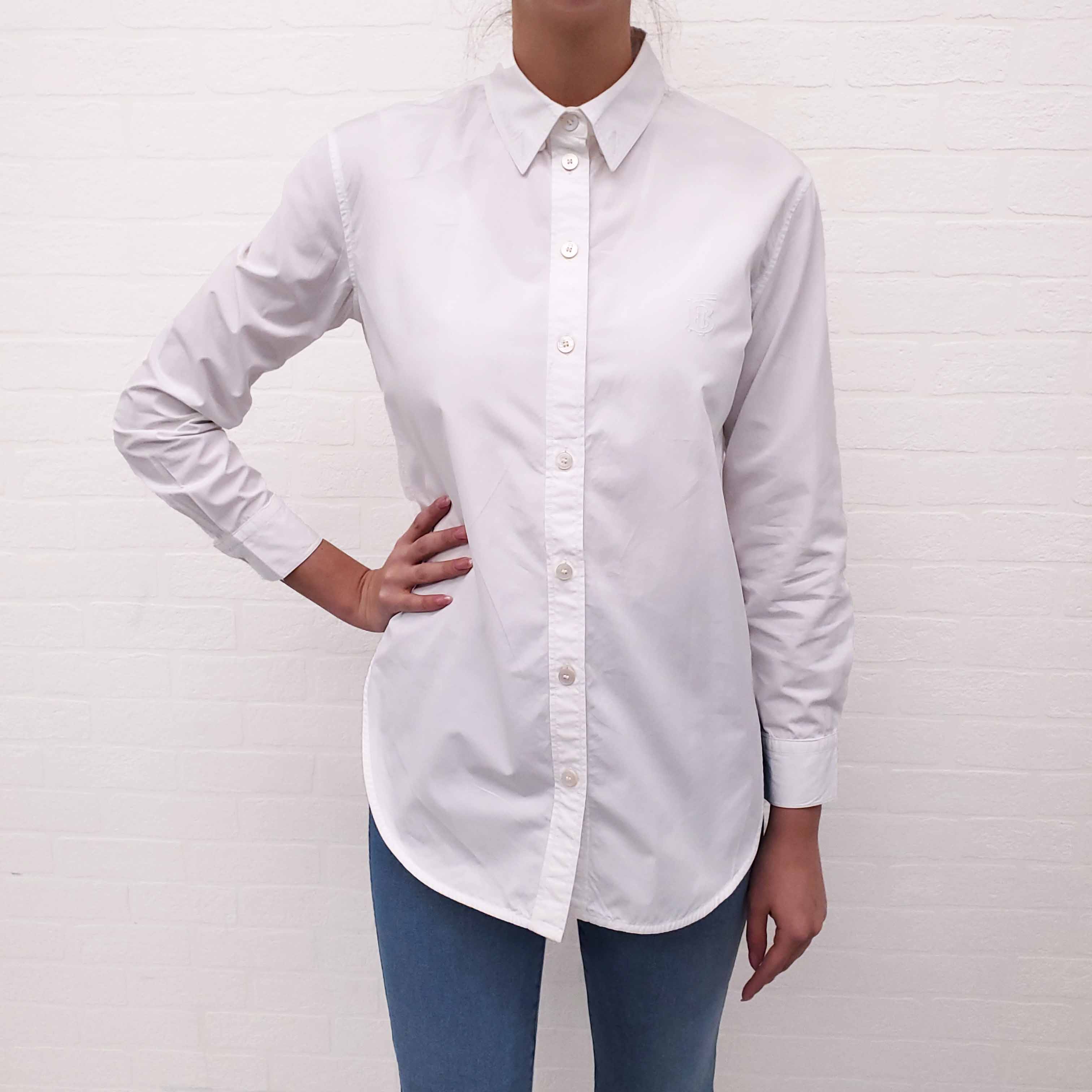 BURBERRY WHITE COTTON LOGO BLOUSE - SIZE 2