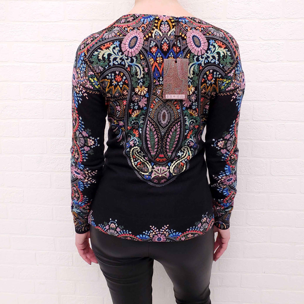 ETRO BLACK AND MULTICOLOURED PATTERNED SILK AND CASHMERE V-NECK TOP - SIZE 42