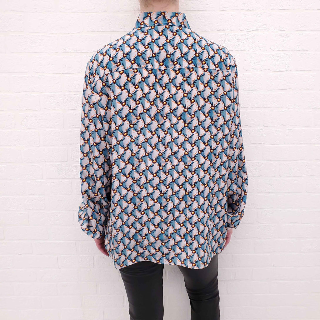 ETRO BLUE AND ORANGE PATTERNED BUTTON UP BLOUSE - SIZE 46