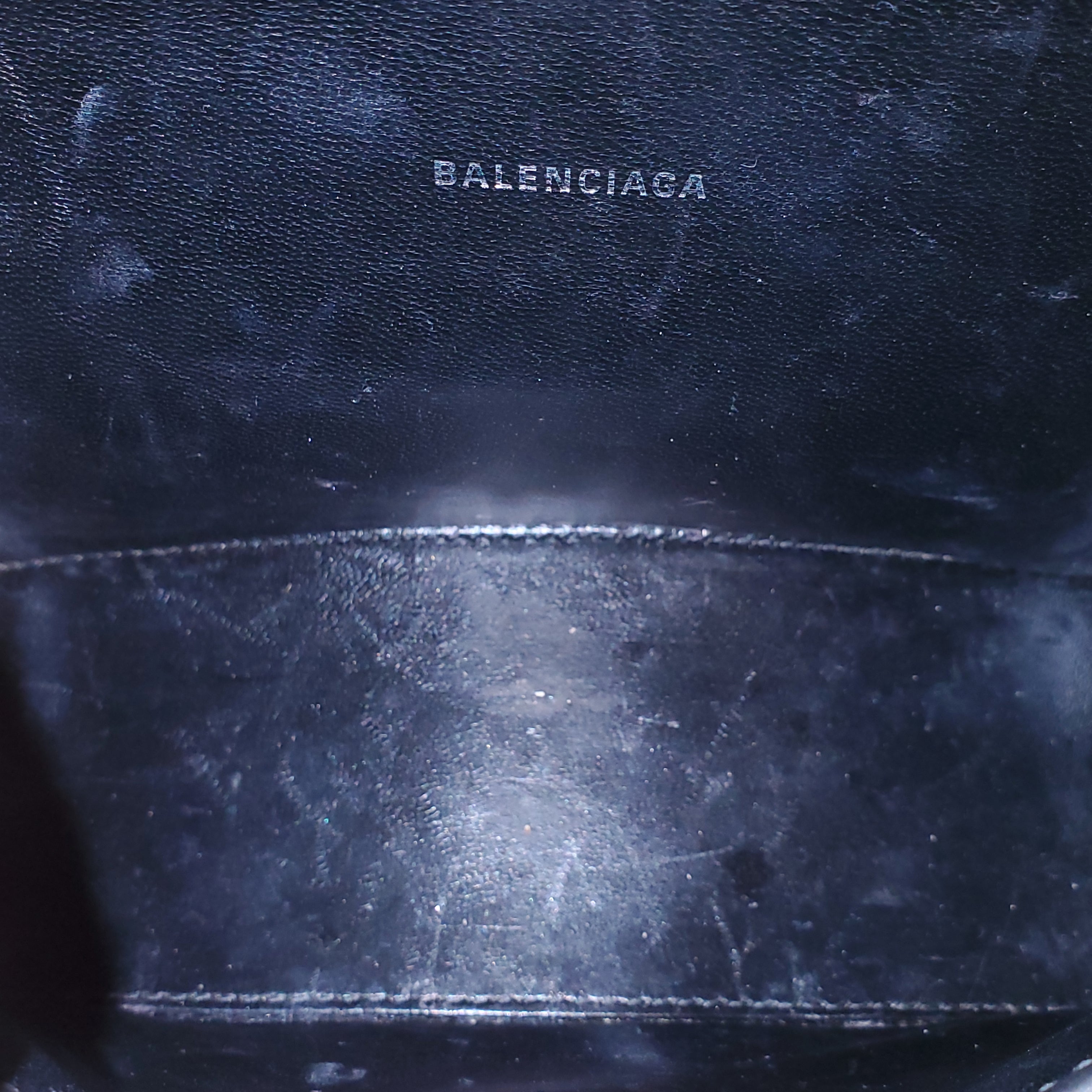 BALENCIAGA BLACK HOURGLASS EXTRA SMALL CROC EMBOSSED TOP HANGLE BAG